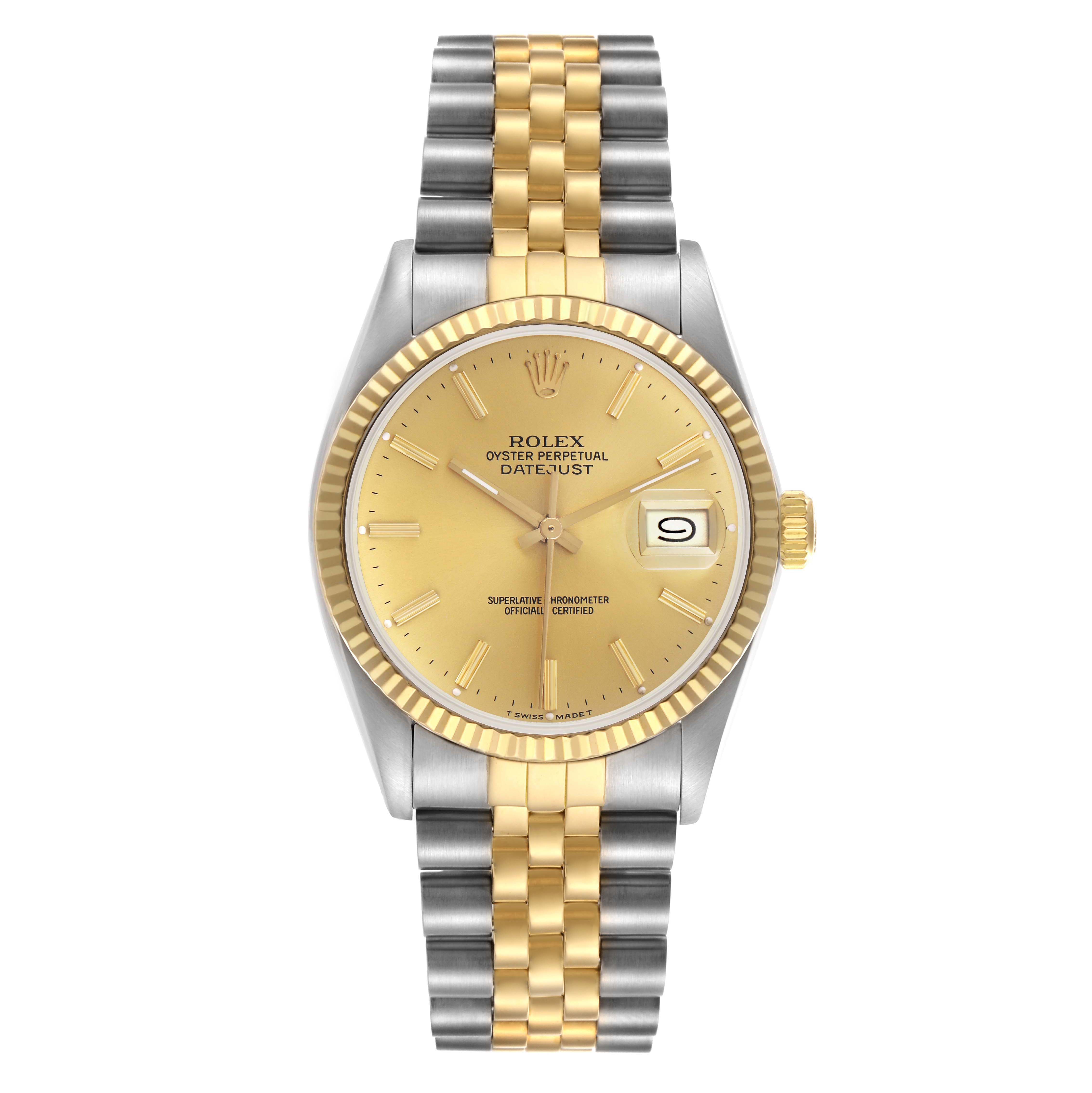The image shows a front view of the Rolex Datejust 16013 Men's Steel and Gold (two tone) Champagne Dial 16013 Men's Steel and Gold (two tone) Champagne Dial watch, highlighting the face, bezel, and two-tone Jubilee bracelet.