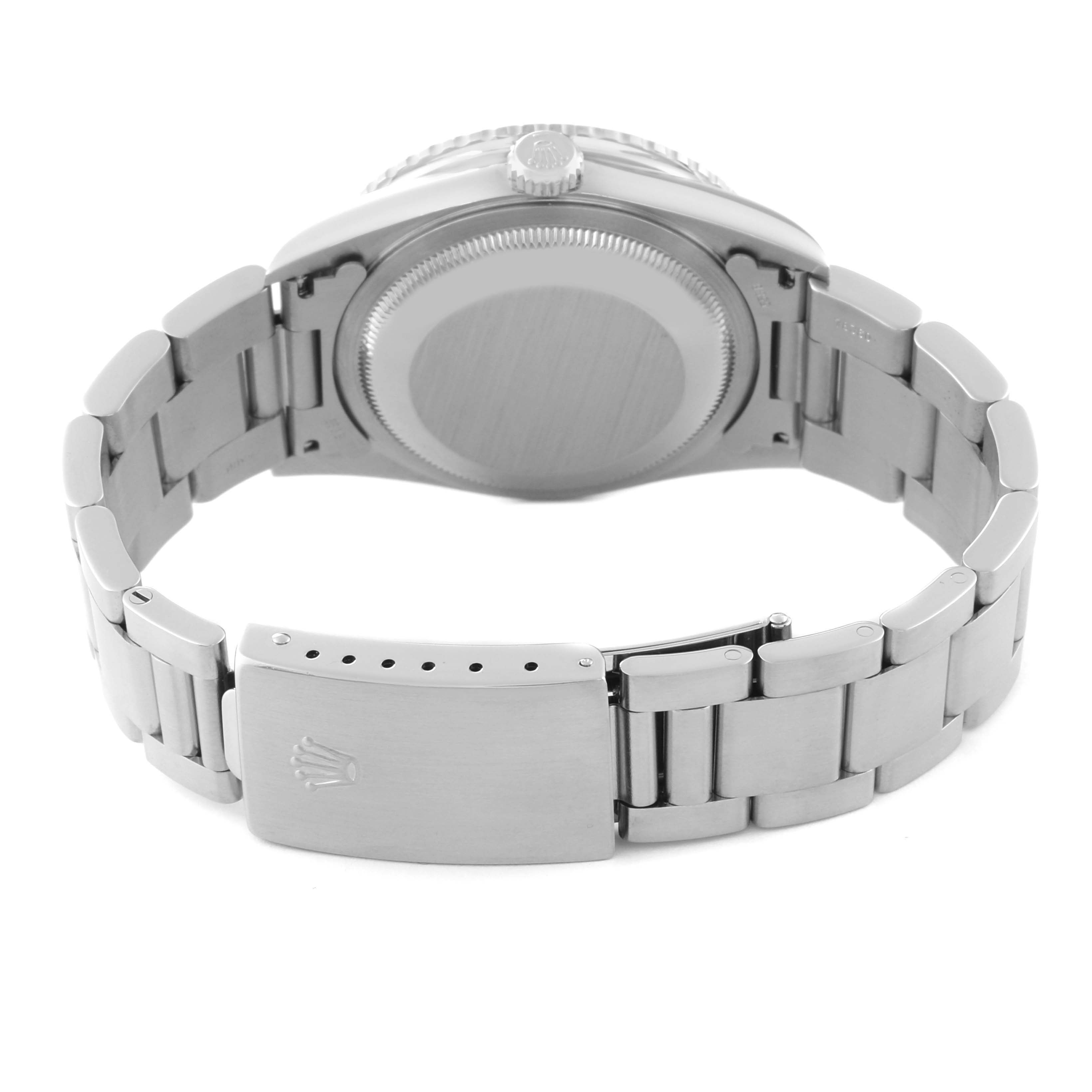 The image shows the back of a Rolex Turn-o-Graph 16264 Men's Stainless Steel Black Dial 16264 Men's Stainless Steel Black Dial watch, highlighting the case back and the bracelet clasp.