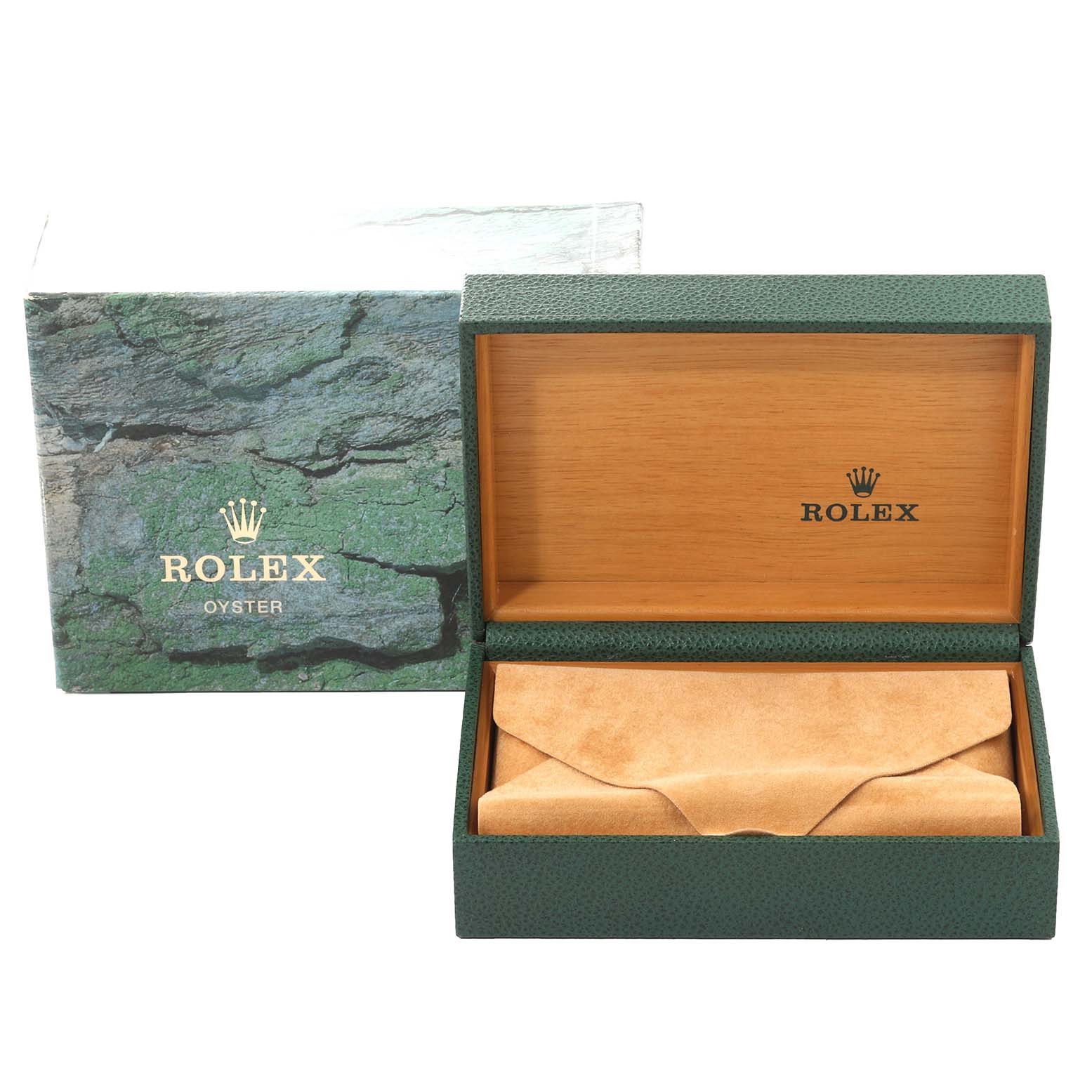 This image shows the packaging box of a Rolex Turn-o-Graph 16264 Men's Stainless Steel Black Dial 16264 Men's Stainless Steel Black Dial watch with the lid open, revealing a beige pouch inside.