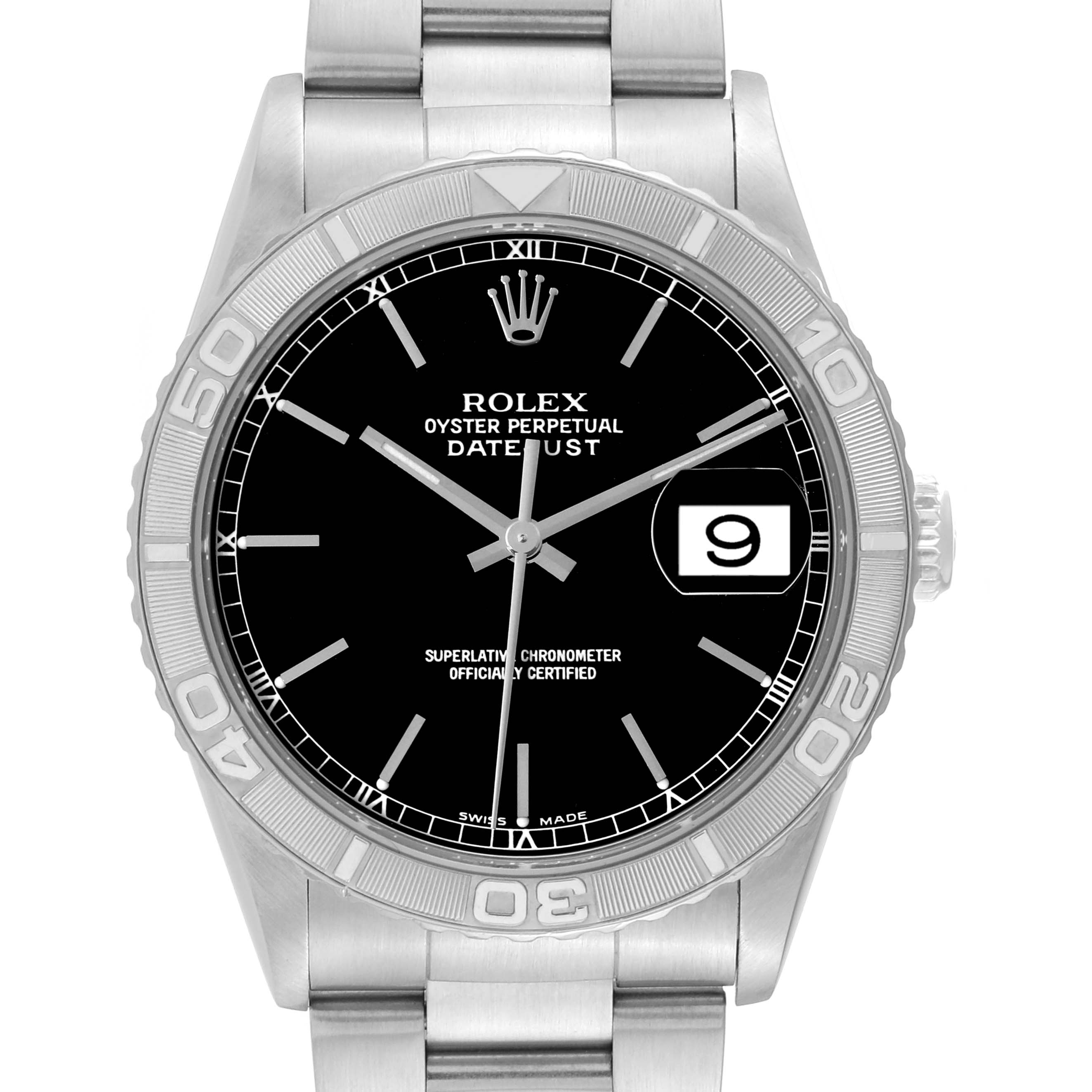 The image shows a front view of the Rolex Turn-o-Graph 16264 Men's Stainless Steel Black Dial 16264 Men's Stainless Steel Black Dial with a black dial, date display, and steel bracelet.