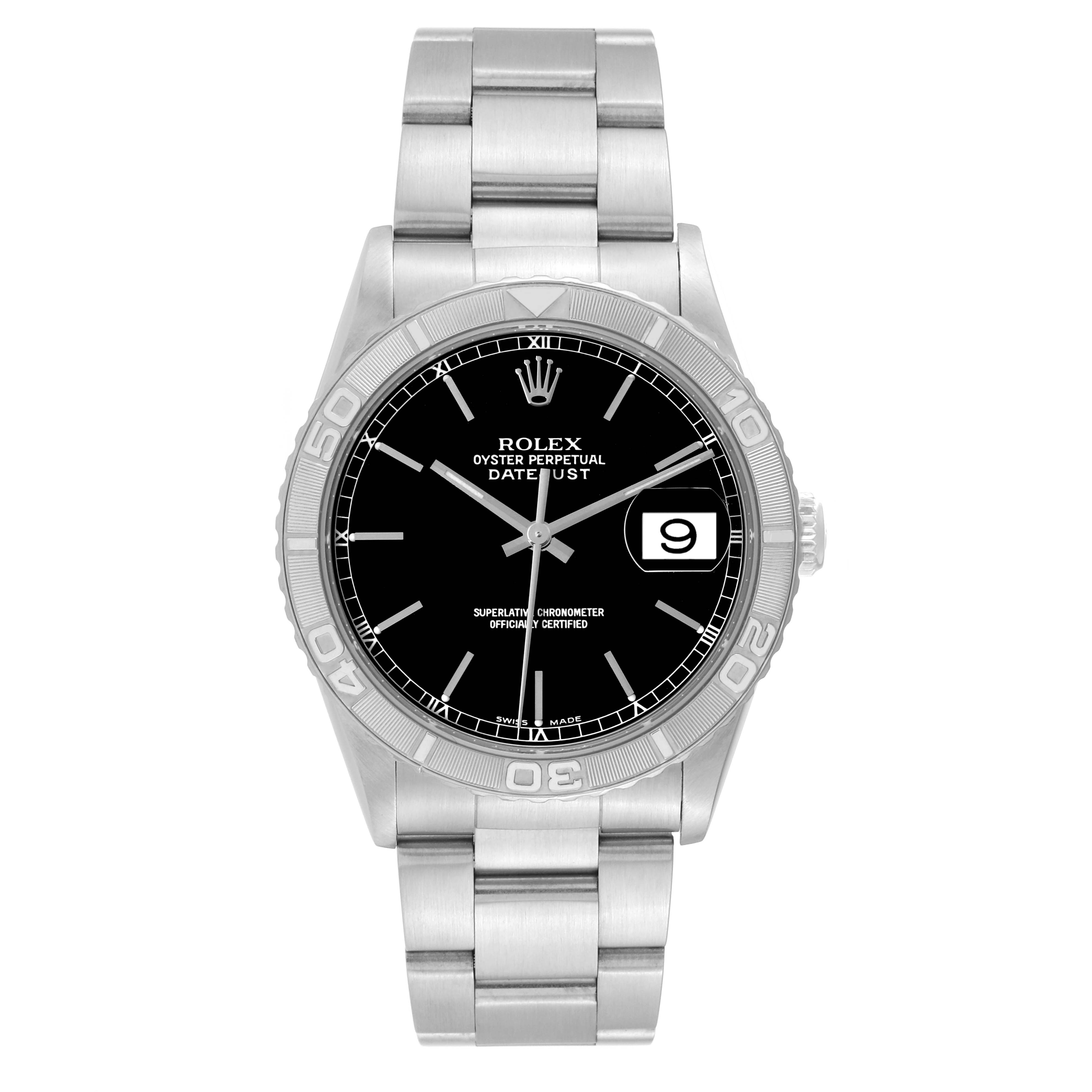 The image shows a front view of a Rolex Turn-o-Graph 16264 Men's Stainless Steel Black Dial 16264 Men's Stainless Steel Black Dial model watch, displaying the face, bezel, case, and bracelet.