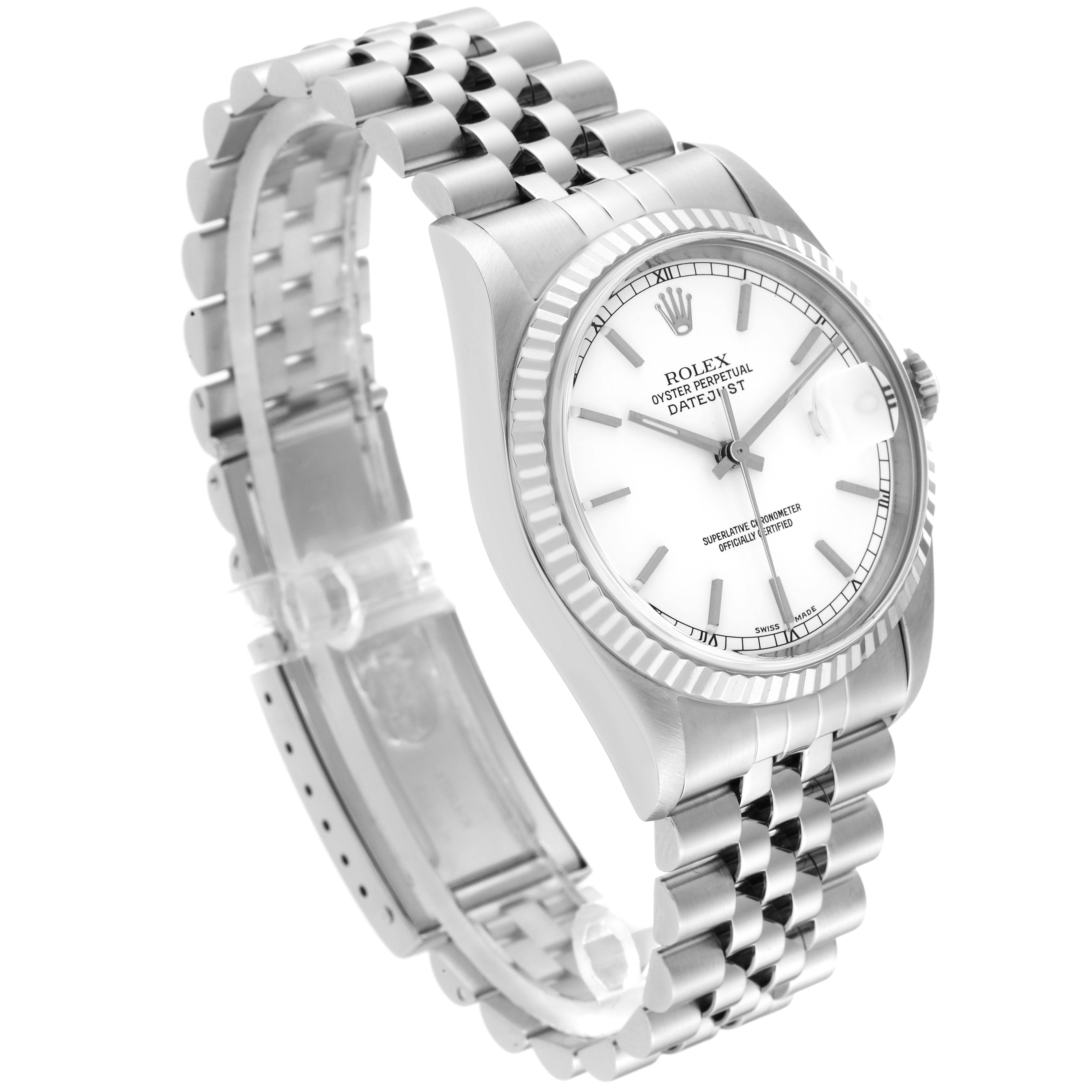 The Rolex Datejust 16234 Men's Stainless Steel White Dial 16234 Men's Stainless Steel White Dial watch is shown at an angled front view, highlighting the face, bezel, and part of the bracelet.