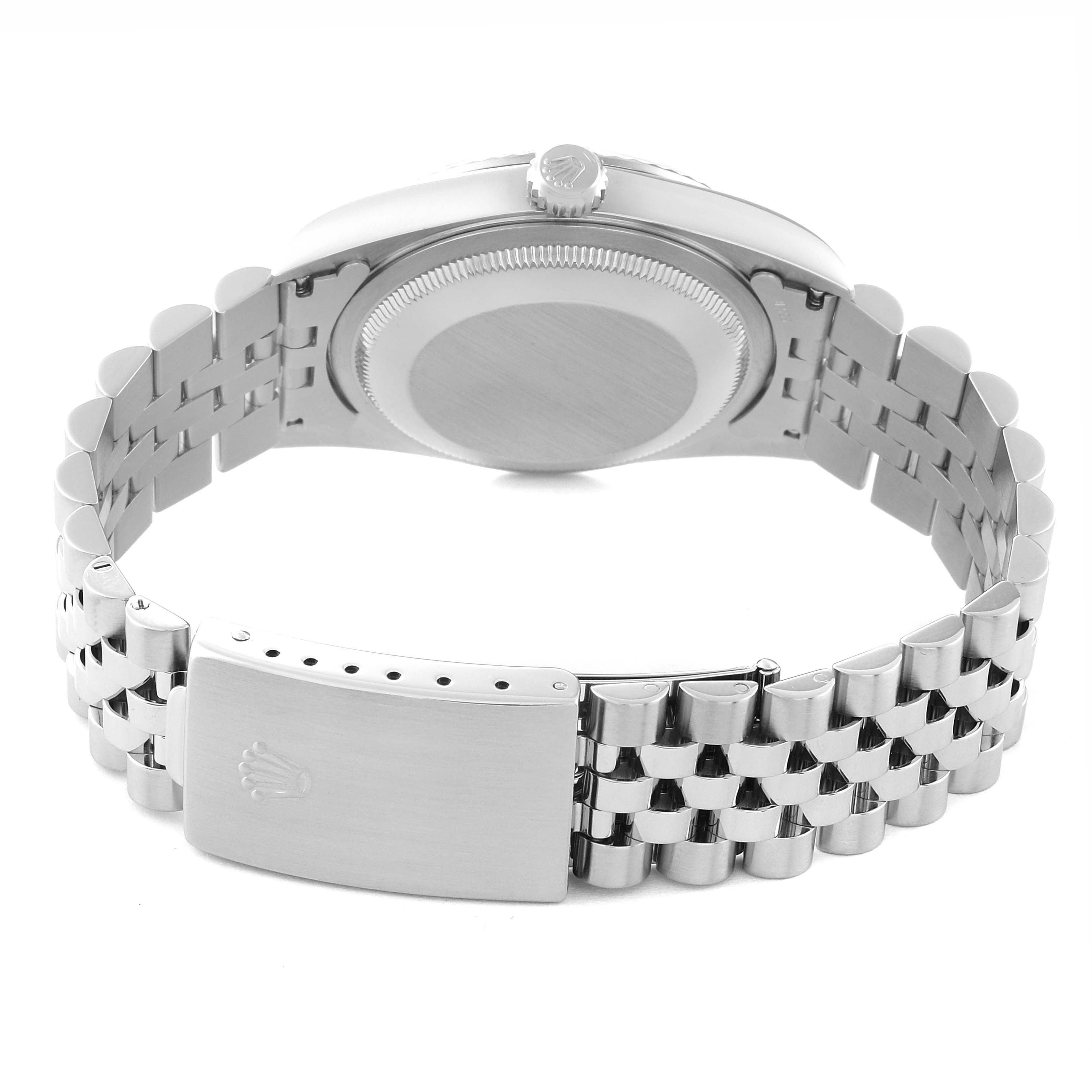 The image shows the back of a Rolex Datejust 16234 Men's Stainless Steel White Dial 16234 Men's Stainless Steel White Dial watch, highlighting its case back and Jubilee bracelet with the clasp closed.