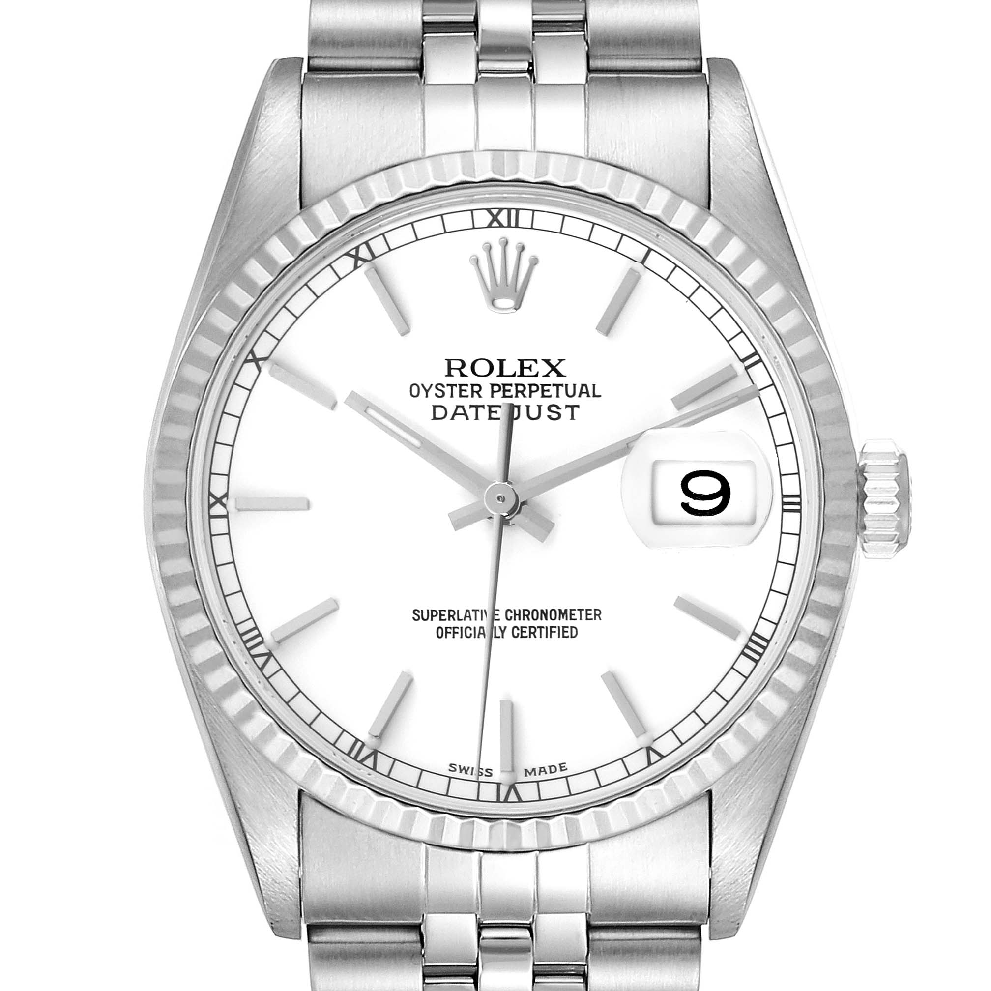 The image shows a frontal view of the Rolex Datejust 16234 Men's Stainless Steel White Dial 16234 Men's Stainless Steel White Dial, displaying its white dial, fluted bezel, and Jubilee bracelet.