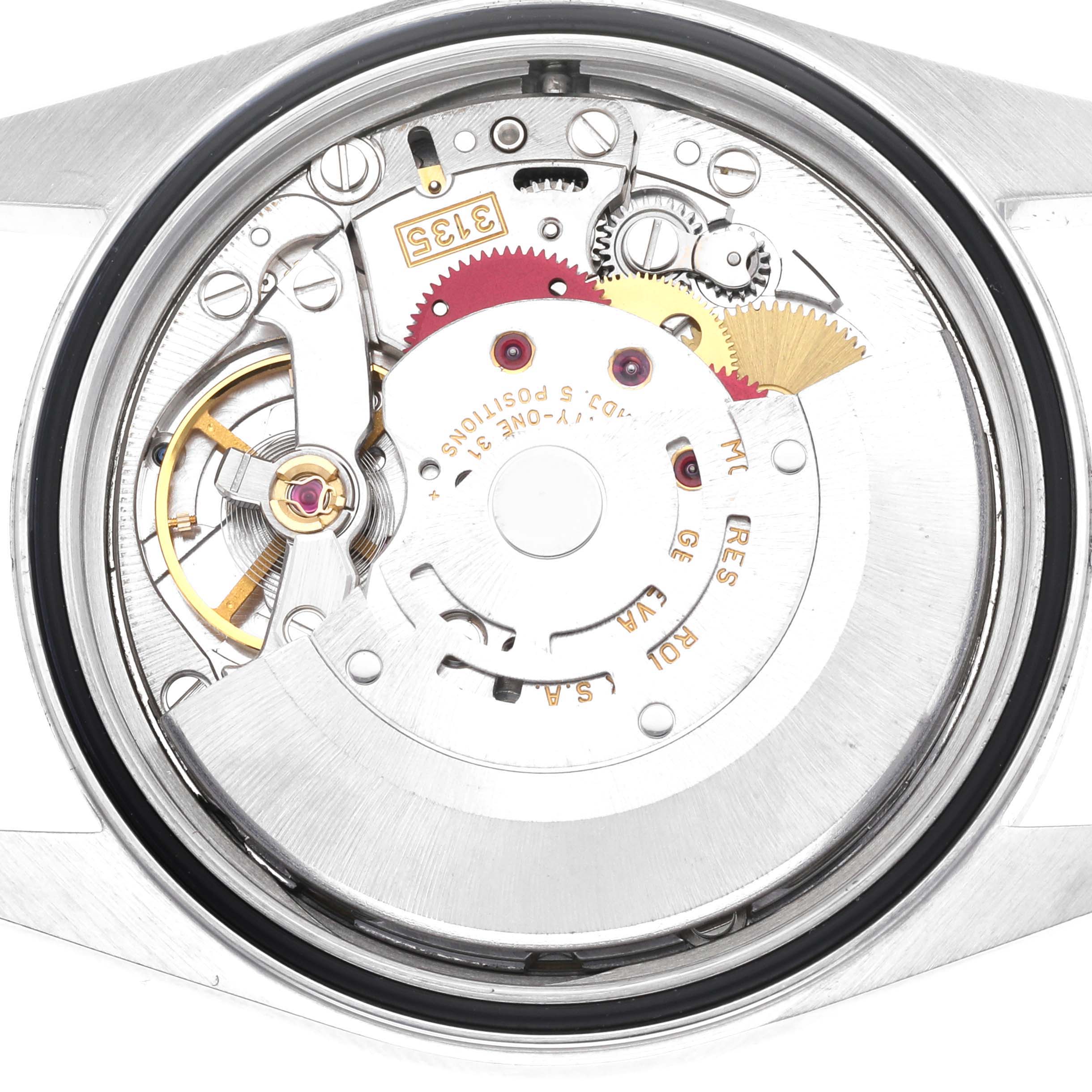 This image shows the internal movement mechanism of a Rolex Datejust 16234 Men's Stainless Steel White Dial 16234 Men's Stainless Steel White Dial watch from a close-up angle.