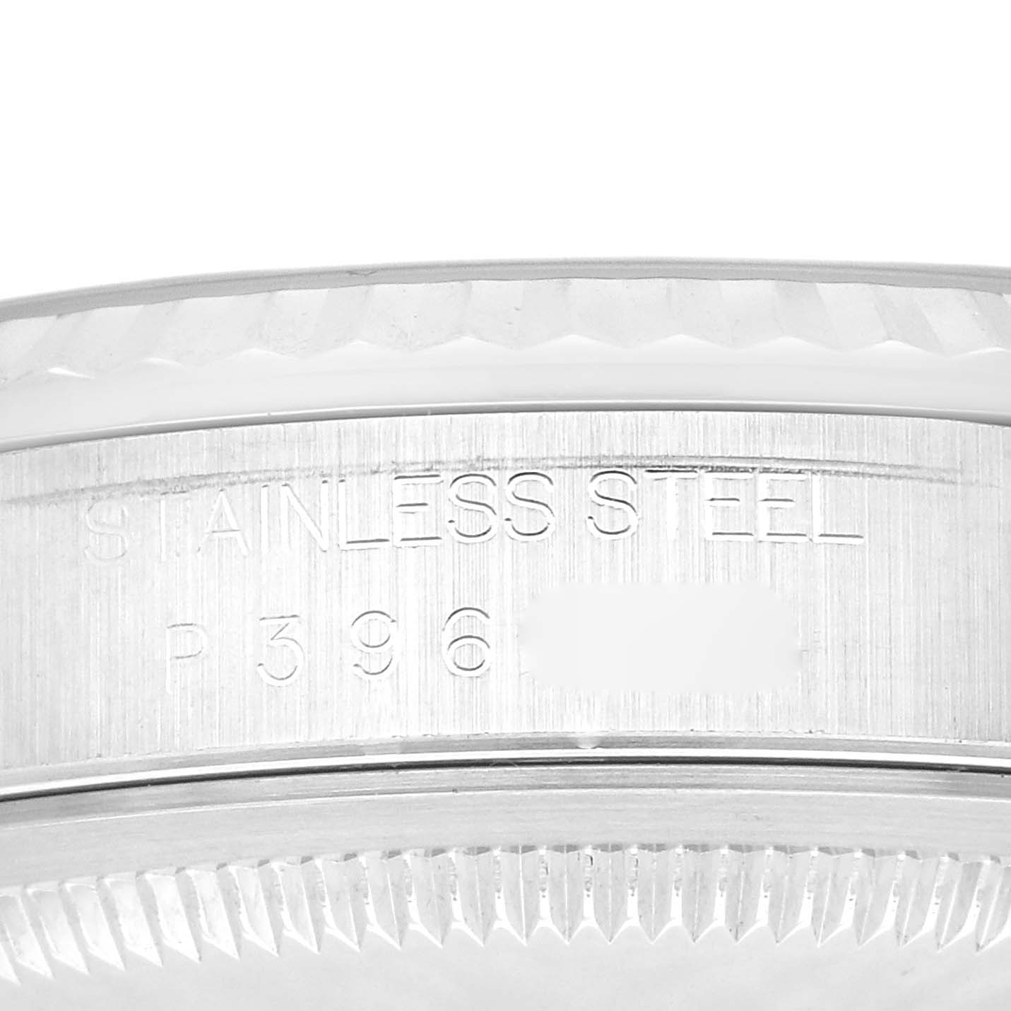 The image shows a close-up of the side of the stainless steel case of a Rolex Datejust 16234 Men's Stainless Steel White Dial 16234 Men's Stainless Steel White Dial watch.