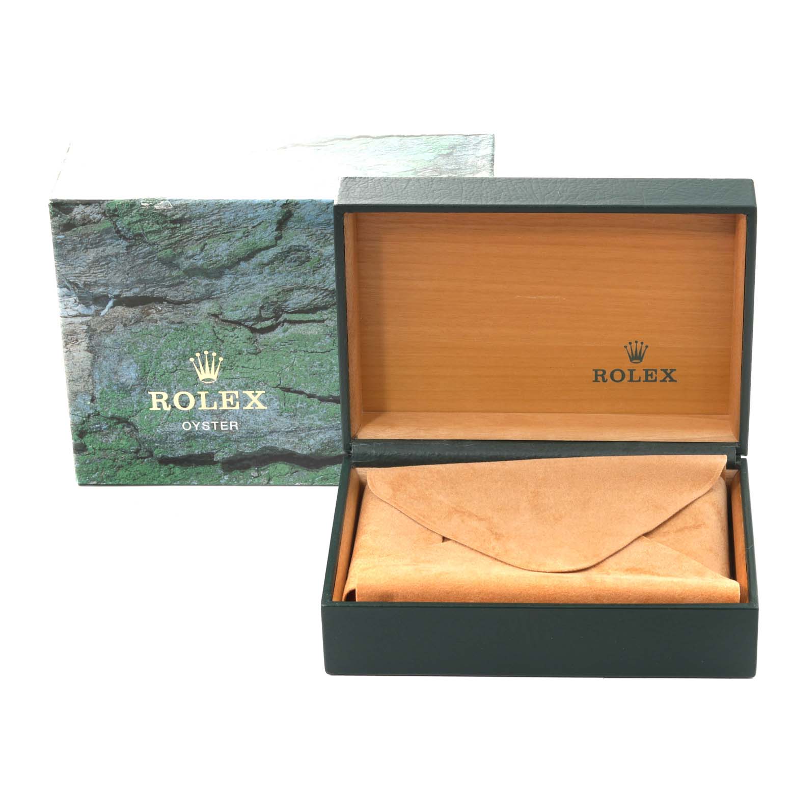 This image shows an open wooden Rolex Datejust 16234 Men's Stainless Steel White Dial 16234 Men's Stainless Steel White Dial watch box with a leather pouch inside, next to a green Rolex outer box.