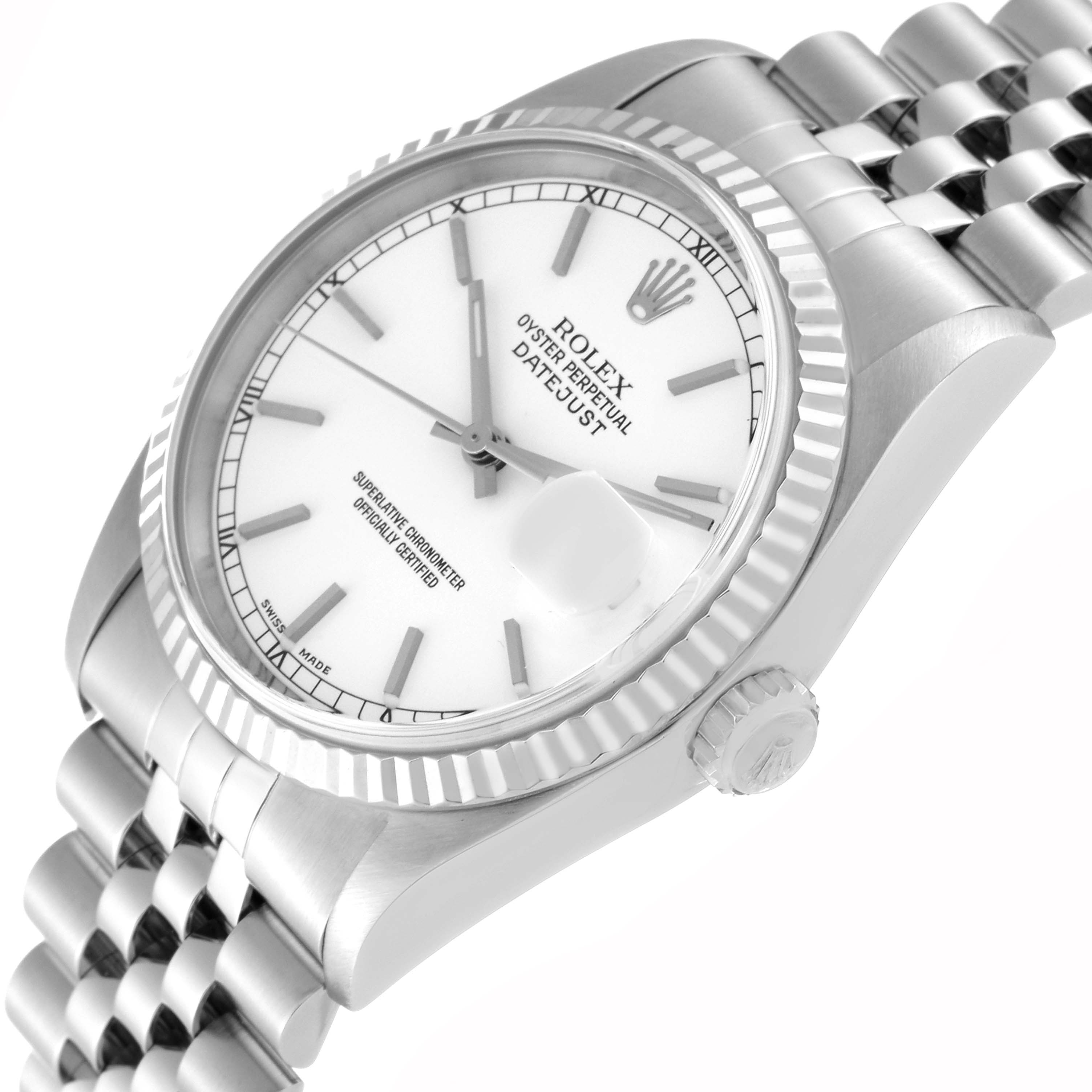 The image shows a Rolex Datejust 16234 Men's Stainless Steel White Dial 16234 Men's Stainless Steel White Dial watch at a slight angle, highlighting its white dial, fluted bezel, and jubilee bracelet.