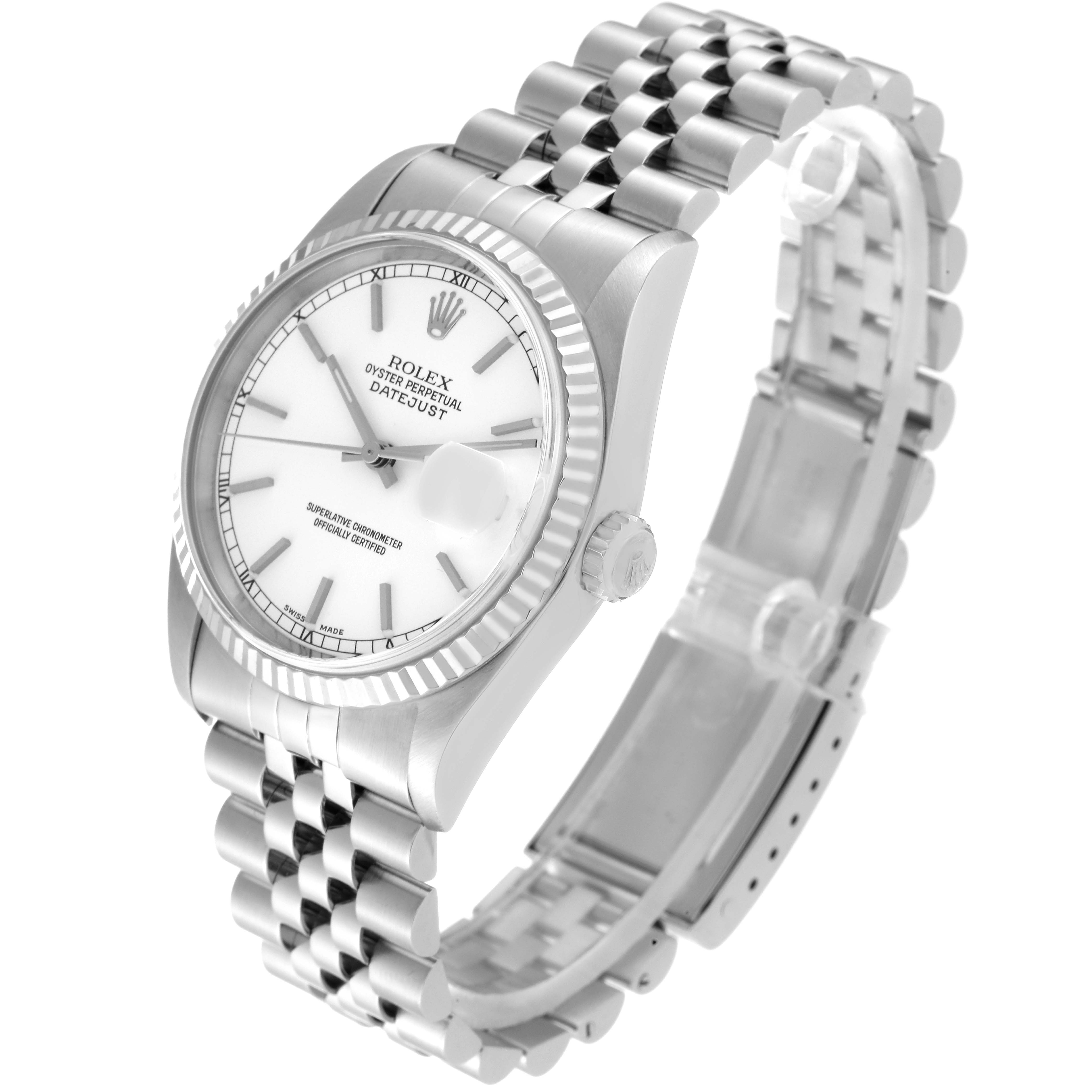 The image shows a Rolex Datejust 16234 Men's Stainless Steel White Dial 16234 Men's Stainless Steel White Dial watch at a three-quarter angle, highlighting the dial, case, bracelet, and fluted bezel.