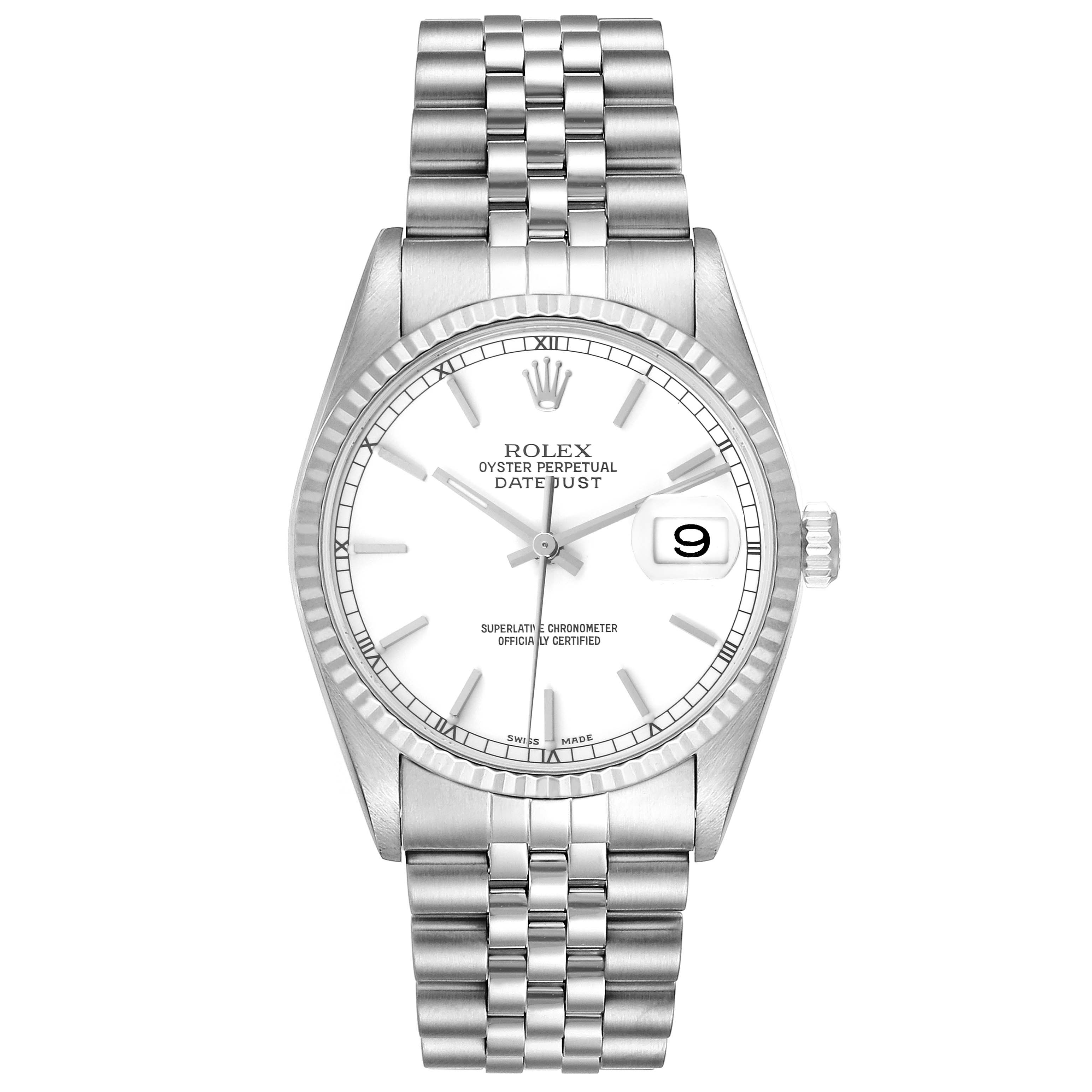 The image shows a front view of a Rolex Datejust 16234 Men's Stainless Steel White Dial 16234 Men's Stainless Steel White Dial watch, displaying its dial, bezel, bracelet, and date window.