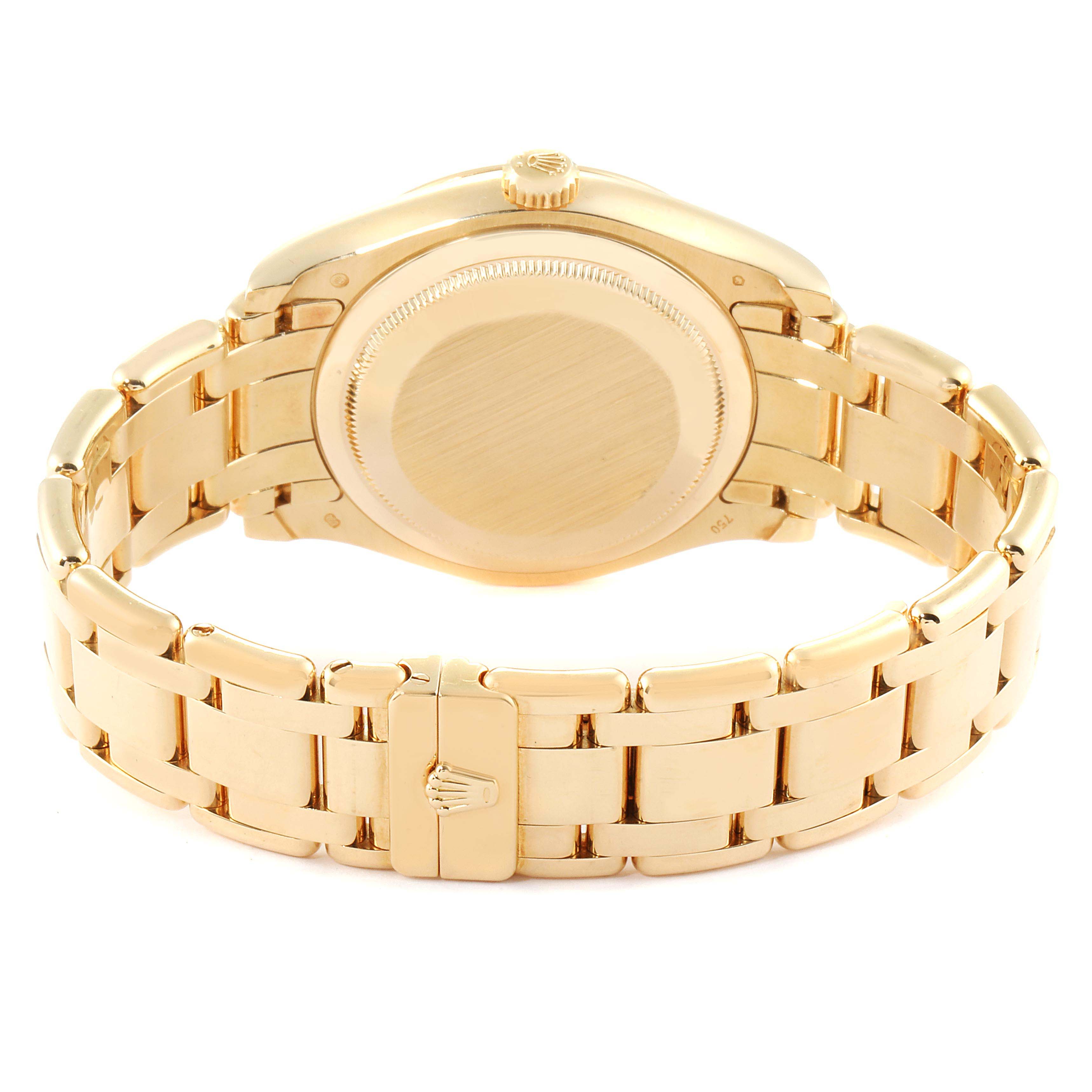 This image shows the back case and bracelet of the Rolex President  Men
s Yellow Gold Silver Dial  Men
s Yellow Gold Silver Dial watch model from a rear angle.