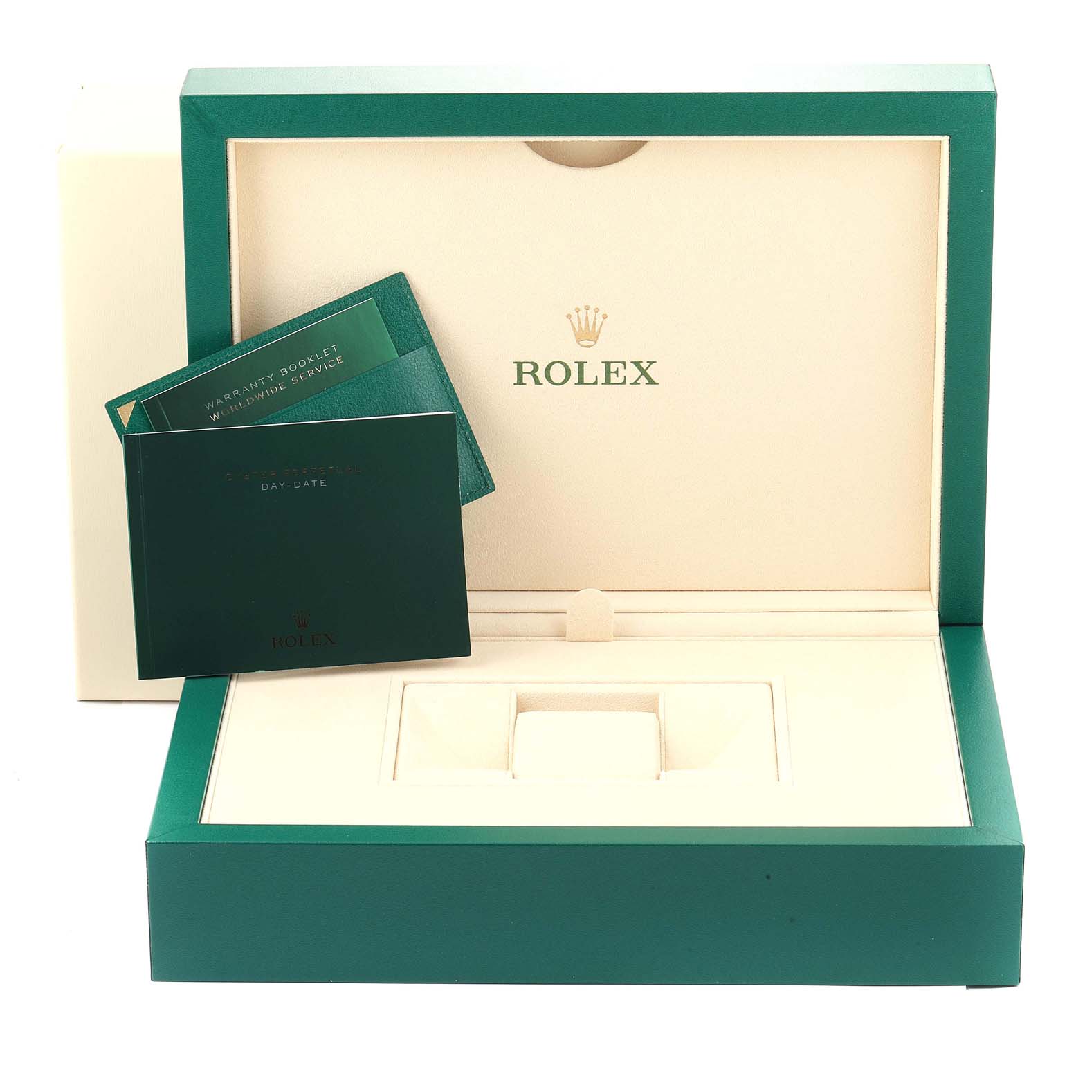 The image shows the open box and booklets for a Rolex President  Men
s Yellow Gold Silver Dial  Men
s Yellow Gold Silver Dial model watch.