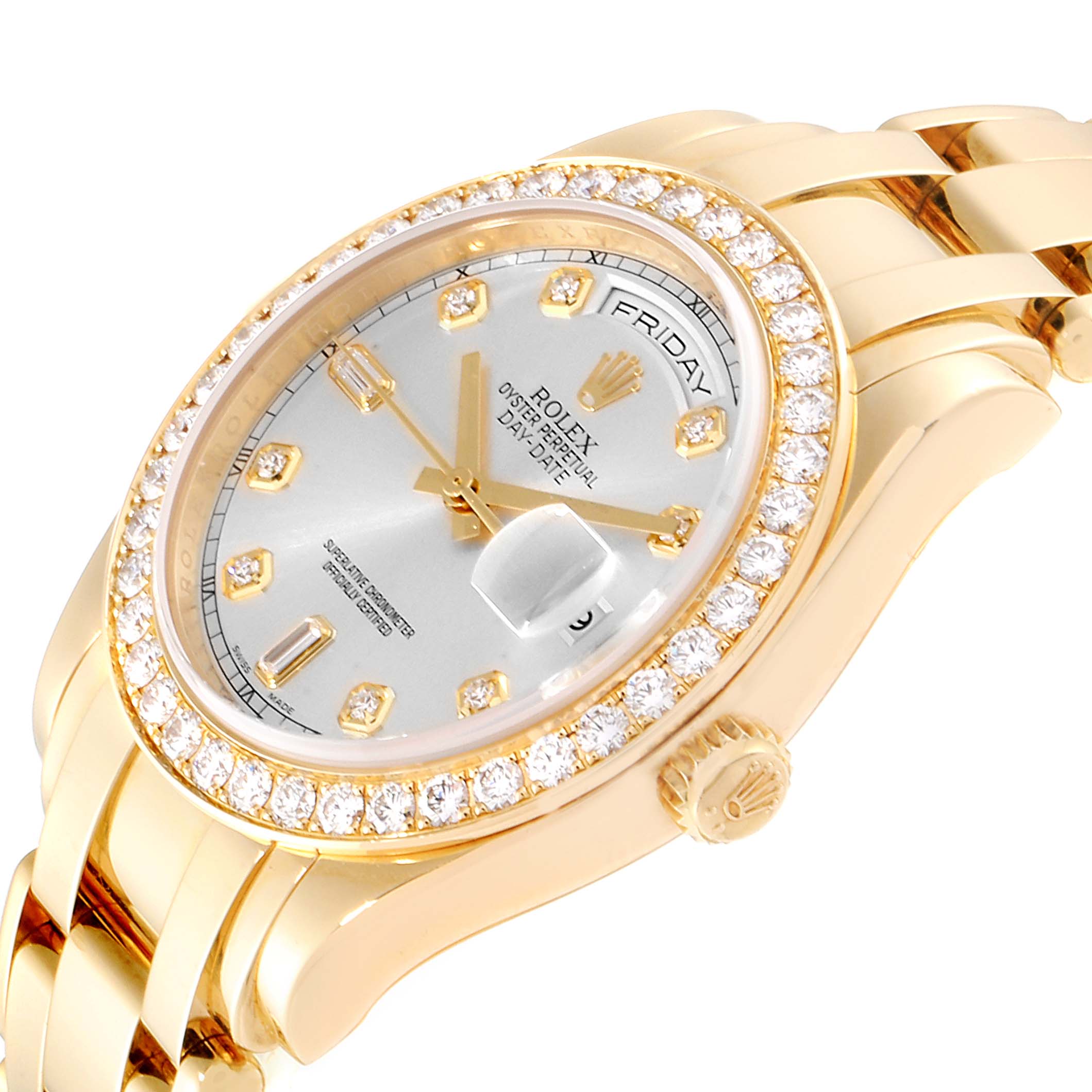 This image shows the face and part of the bracelet of the Rolex President  Men
s Yellow Gold Silver Dial  Men
s Yellow Gold Silver Dial model, highlighting the diamond bezel and dial.