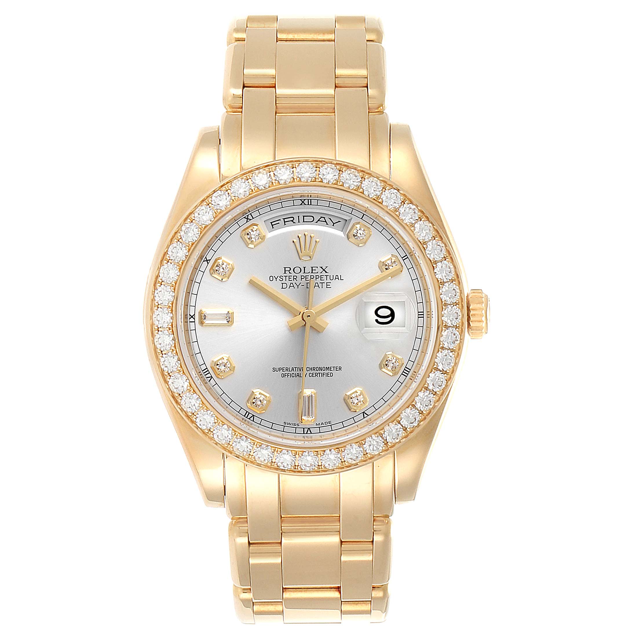 The Rolex President  Men
s Yellow Gold Silver Dial  Men
s Yellow Gold Silver Dial model watch is shown from a top-down angle, displaying the watch face, bezel, and bracelet.