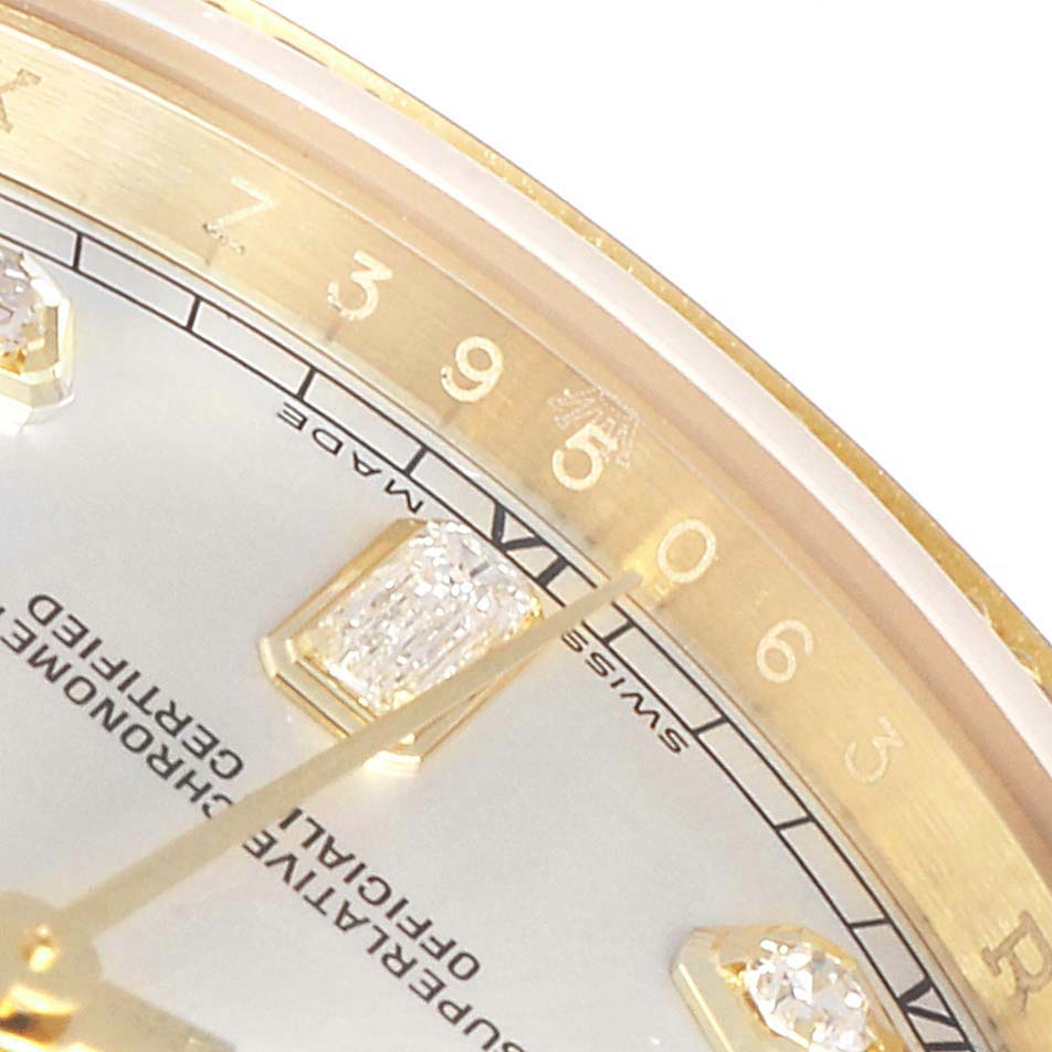 The image shows a close-up angle of the dial of a Rolex President  Men
s Yellow Gold Silver Dial  Men
s Yellow Gold Silver Dial watch, highlighting the numerals and diamond hour markers.