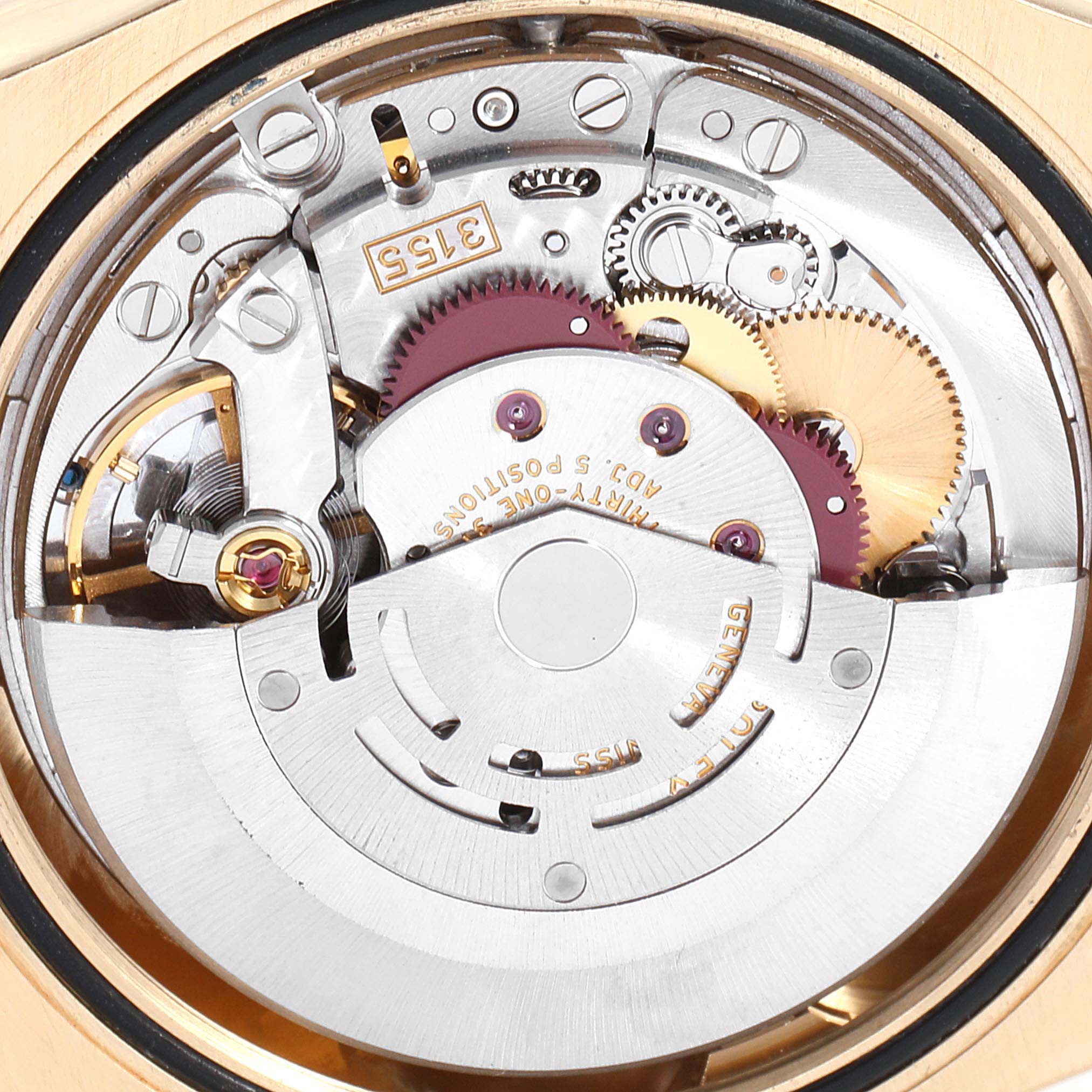 This image shows a close-up view of the movement mechanism inside a Rolex President  Men
s Yellow Gold Silver Dial  Men
s Yellow Gold Silver Dial model watch.
