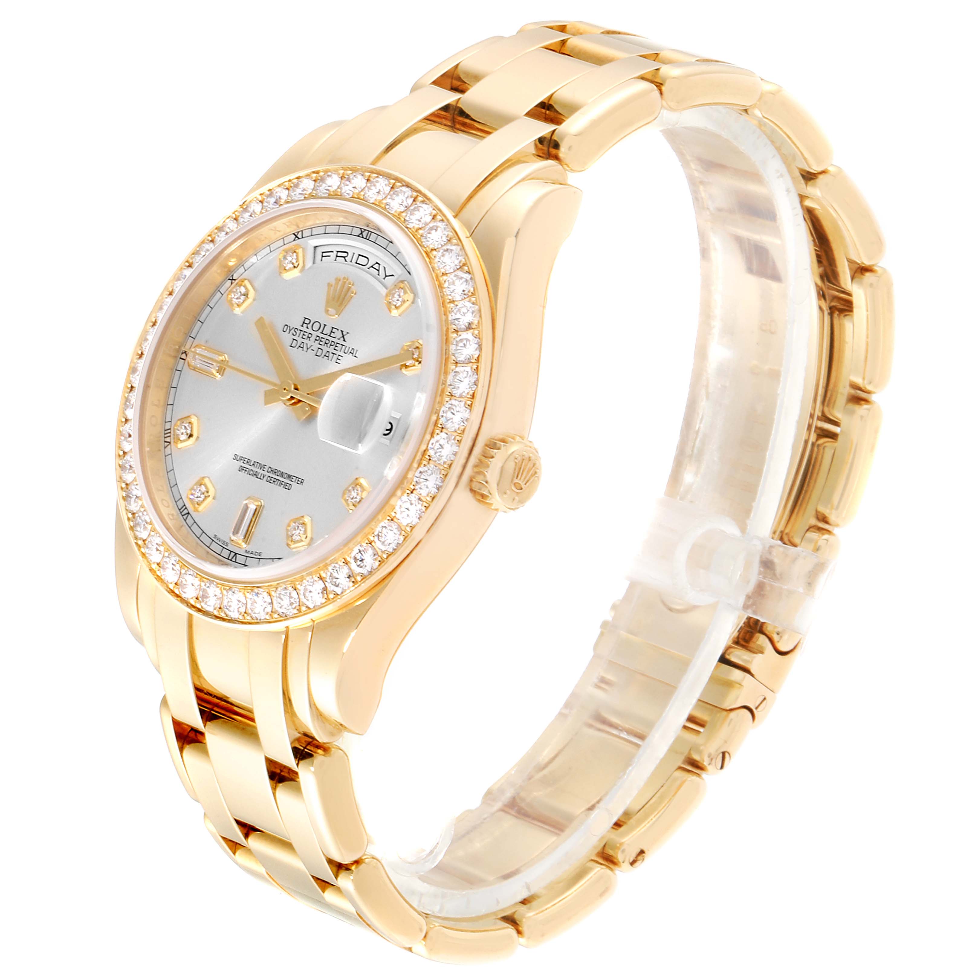 The Rolex President  Men
s Yellow Gold Silver Dial  Men
s Yellow Gold Silver Dial model watch is shown at a three-quarter angle highlighting its band, bezel, face, and crown.