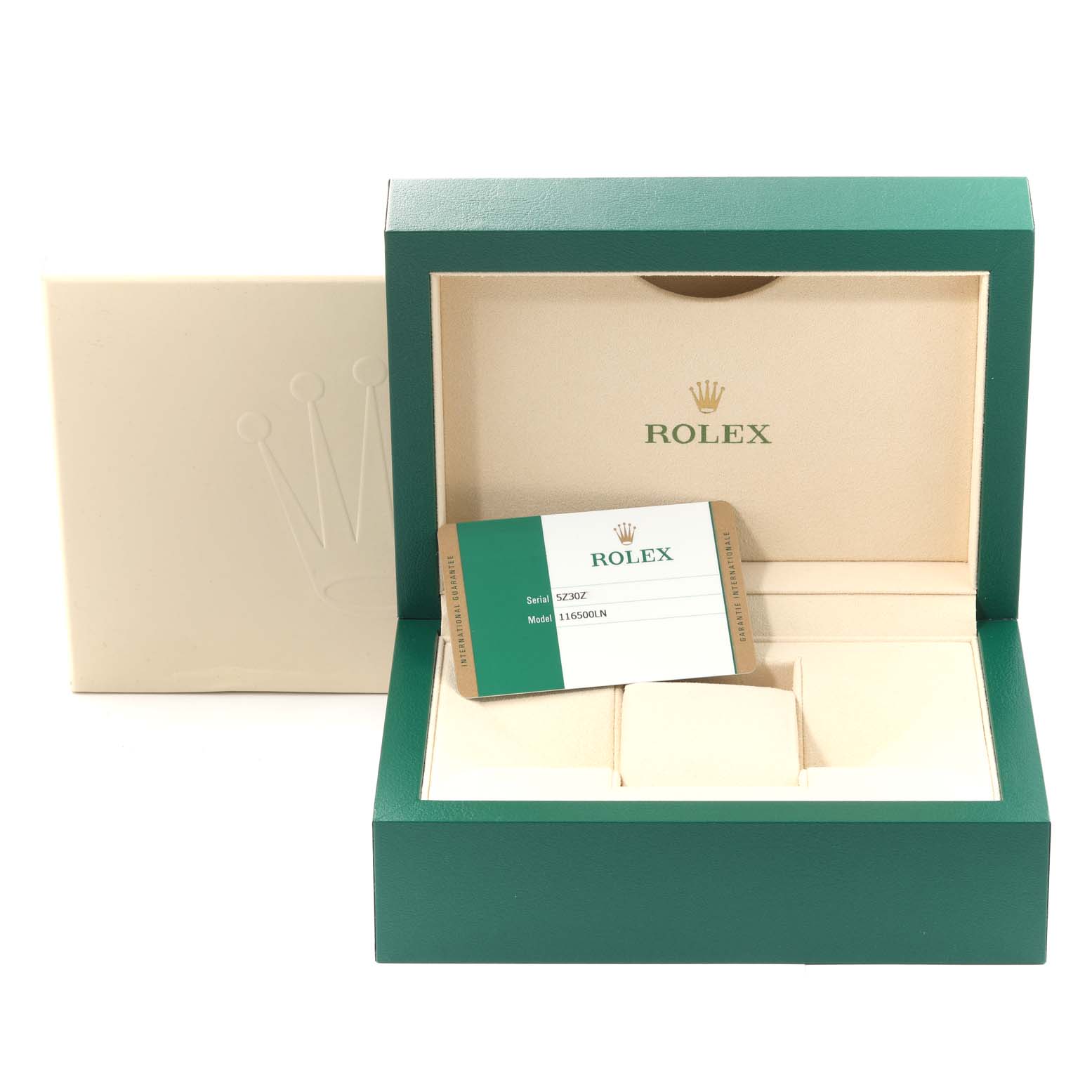 This image shows an open green Rolex Daytona 116500 Men's Stainless Steel White Dial 116500 Men's Stainless Steel White Dial watch box with a warranty card displayed inside.