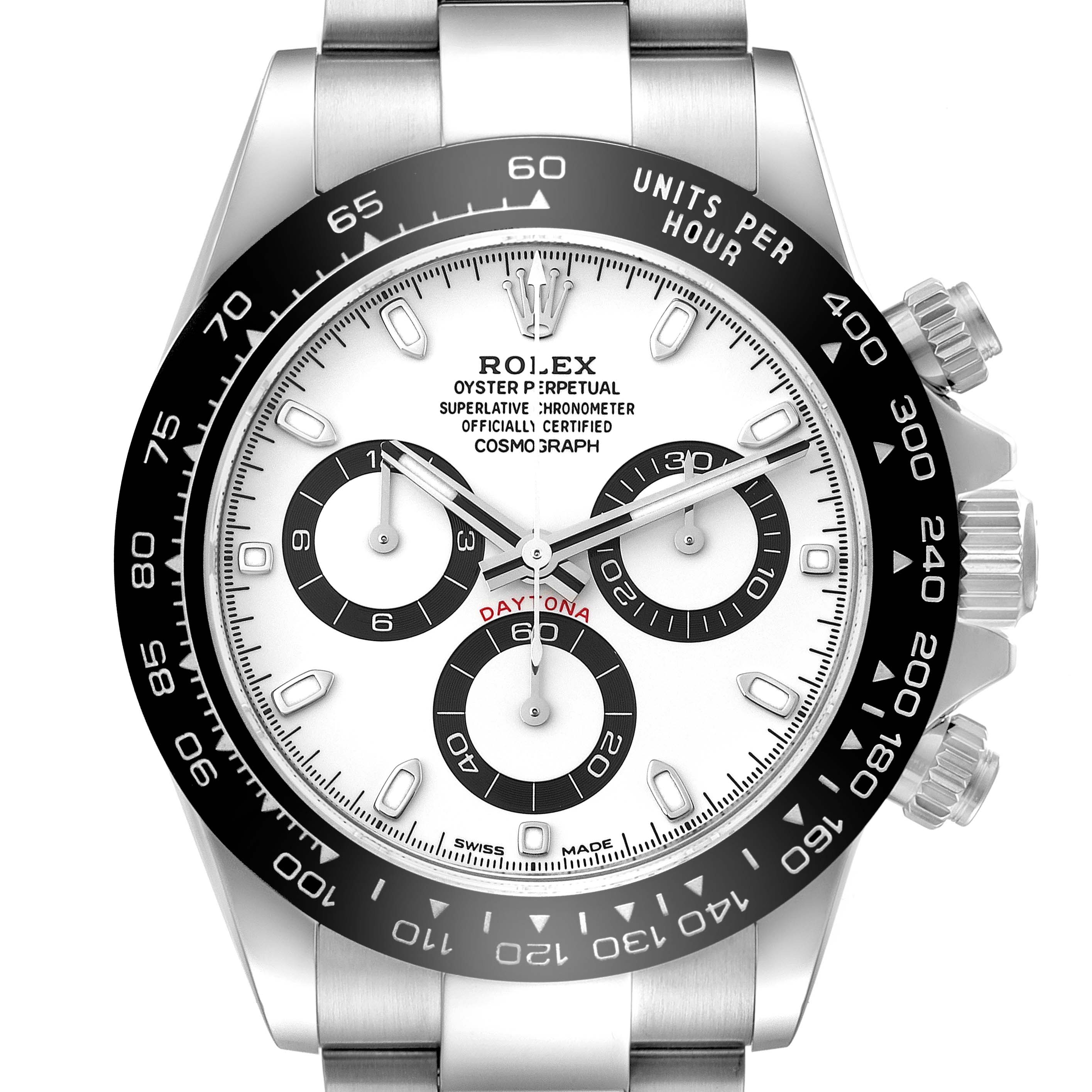 This is a front view of a Rolex Daytona 116500 Men's Stainless Steel White Dial 116500 Men's Stainless Steel White Dial watch showcasing its dial, bezel, subdials, and part of the bracelet.