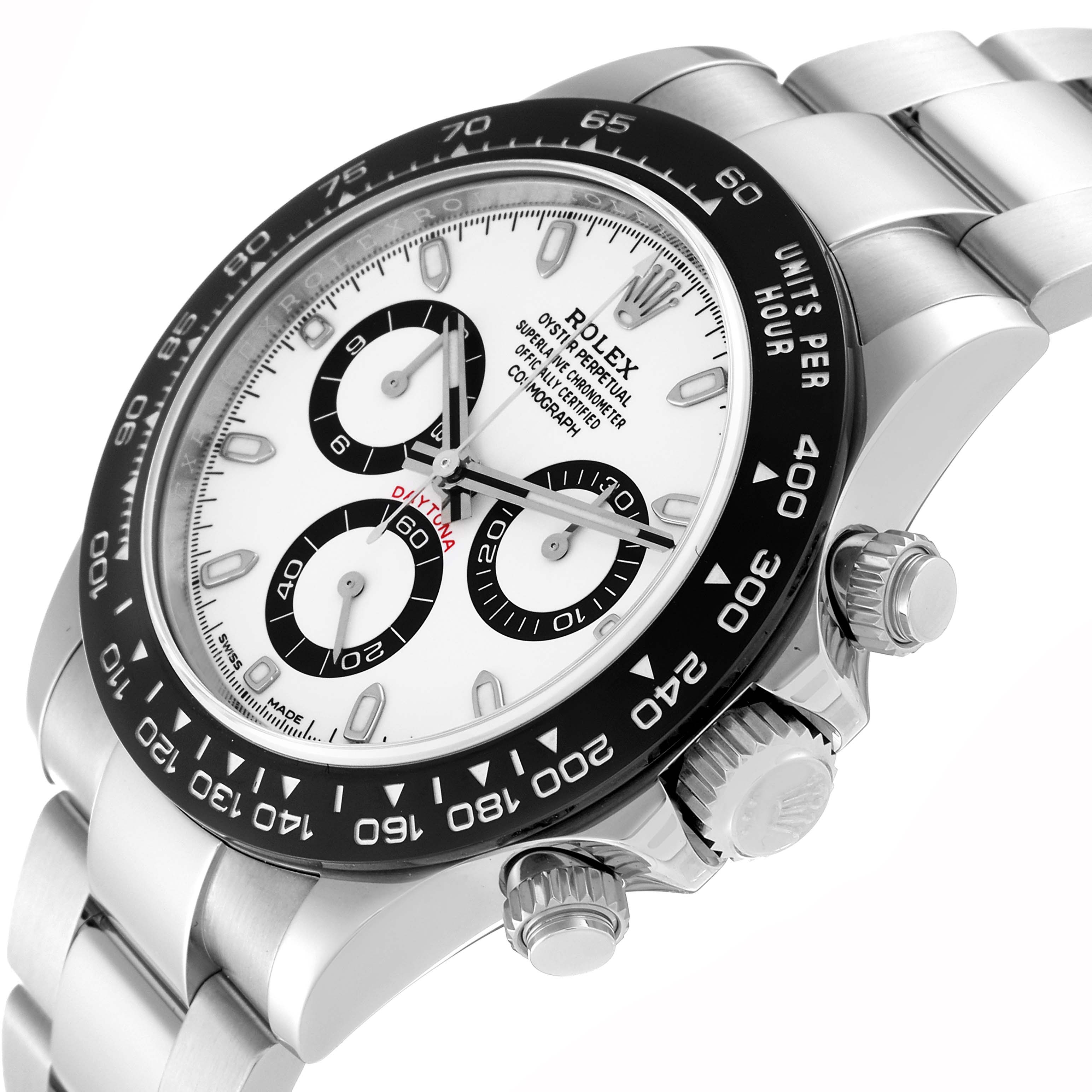 The image shows a Rolex Daytona 116500 Men's Stainless Steel White Dial 116500 Men's Stainless Steel White Dial watch angled to display the face, side, and part of the bracelet.