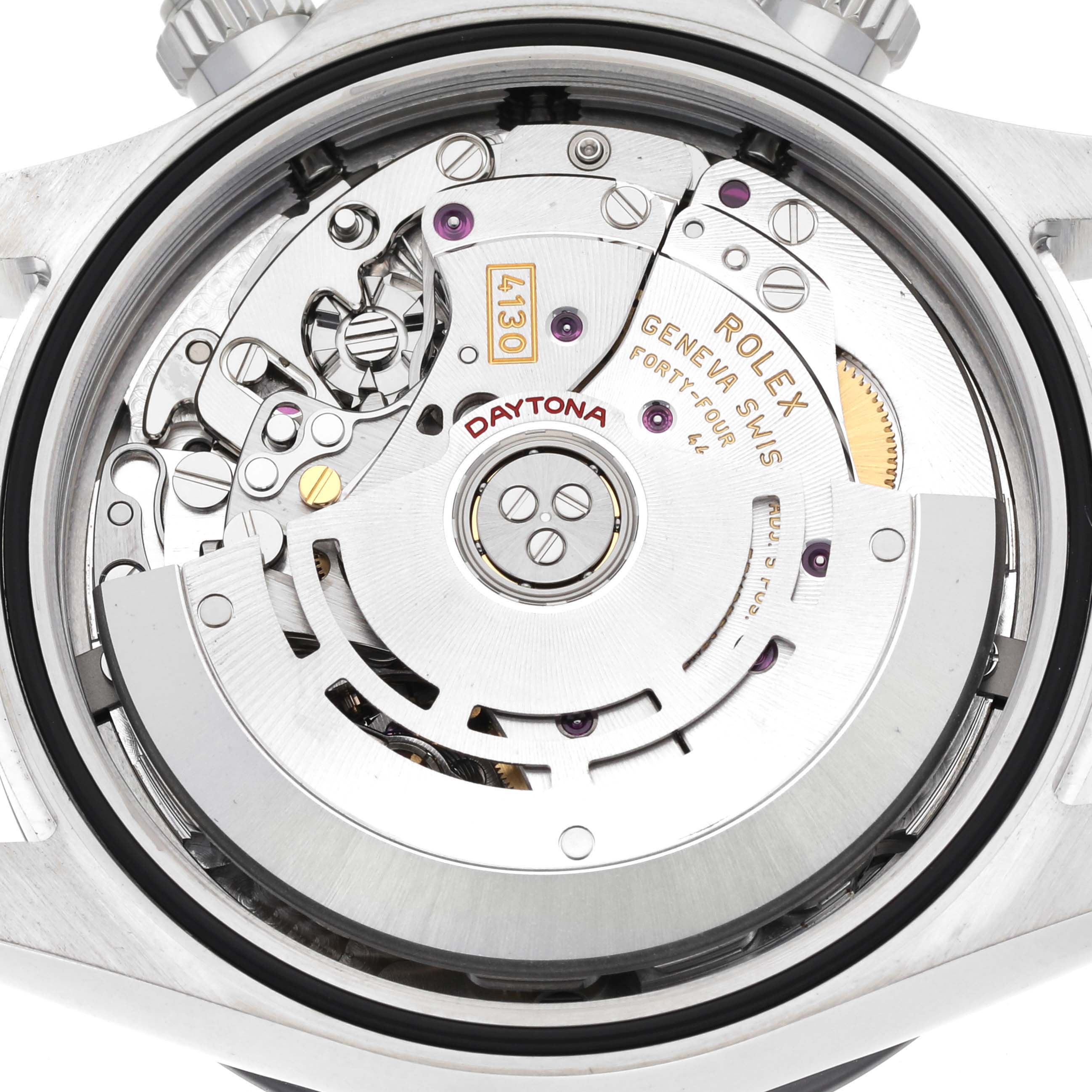 This image shows a detailed view of the Rolex Daytona 116500 Men's Stainless Steel White Dial 116500 Men's Stainless Steel White Dial watch's movement mechanism from the back angle.