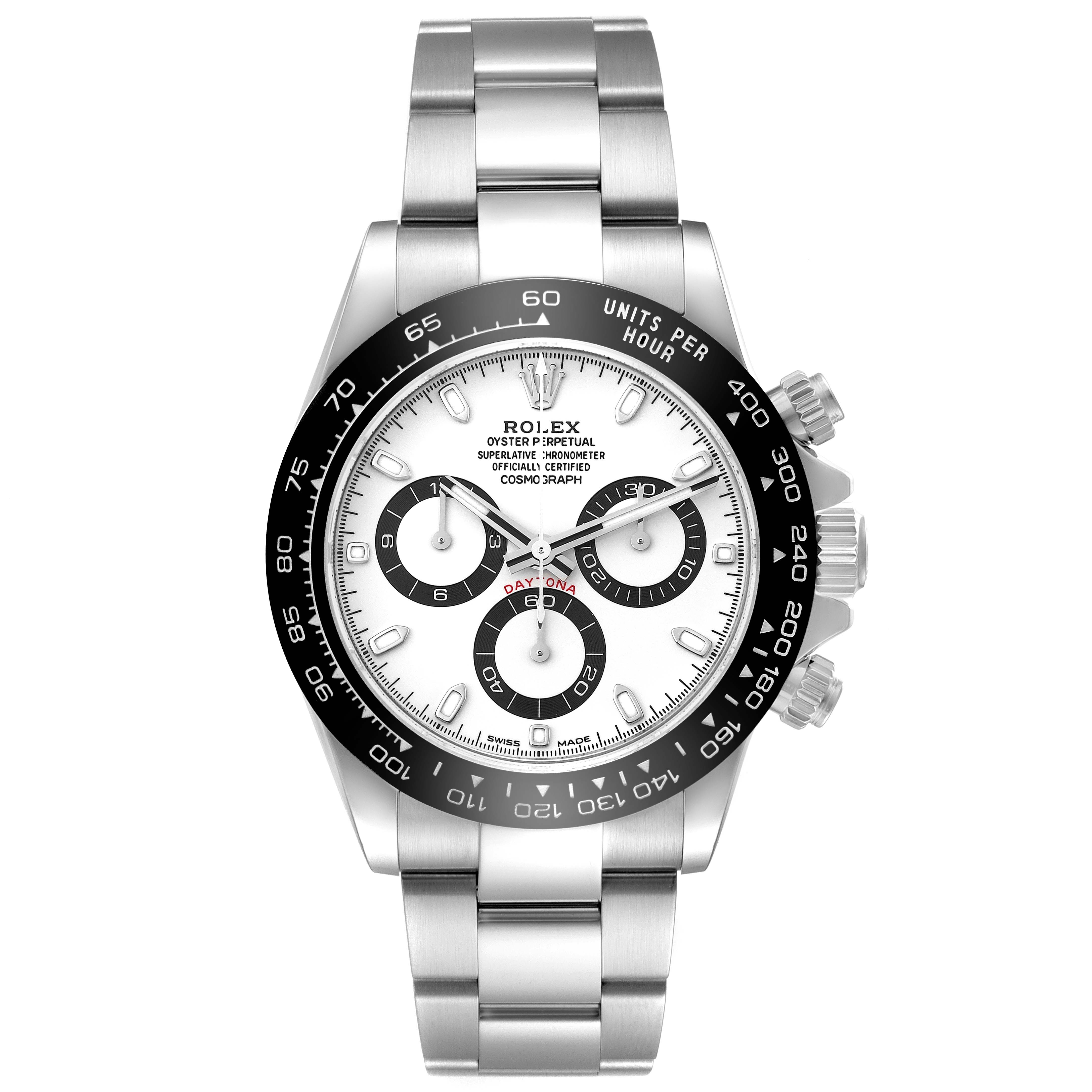 The image shows a frontal view of a Rolex Daytona 116500 Men's Stainless Steel White Dial 116500 Men's Stainless Steel White Dial watch, featuring its dial, bezel, pushers, and metal bracelet.