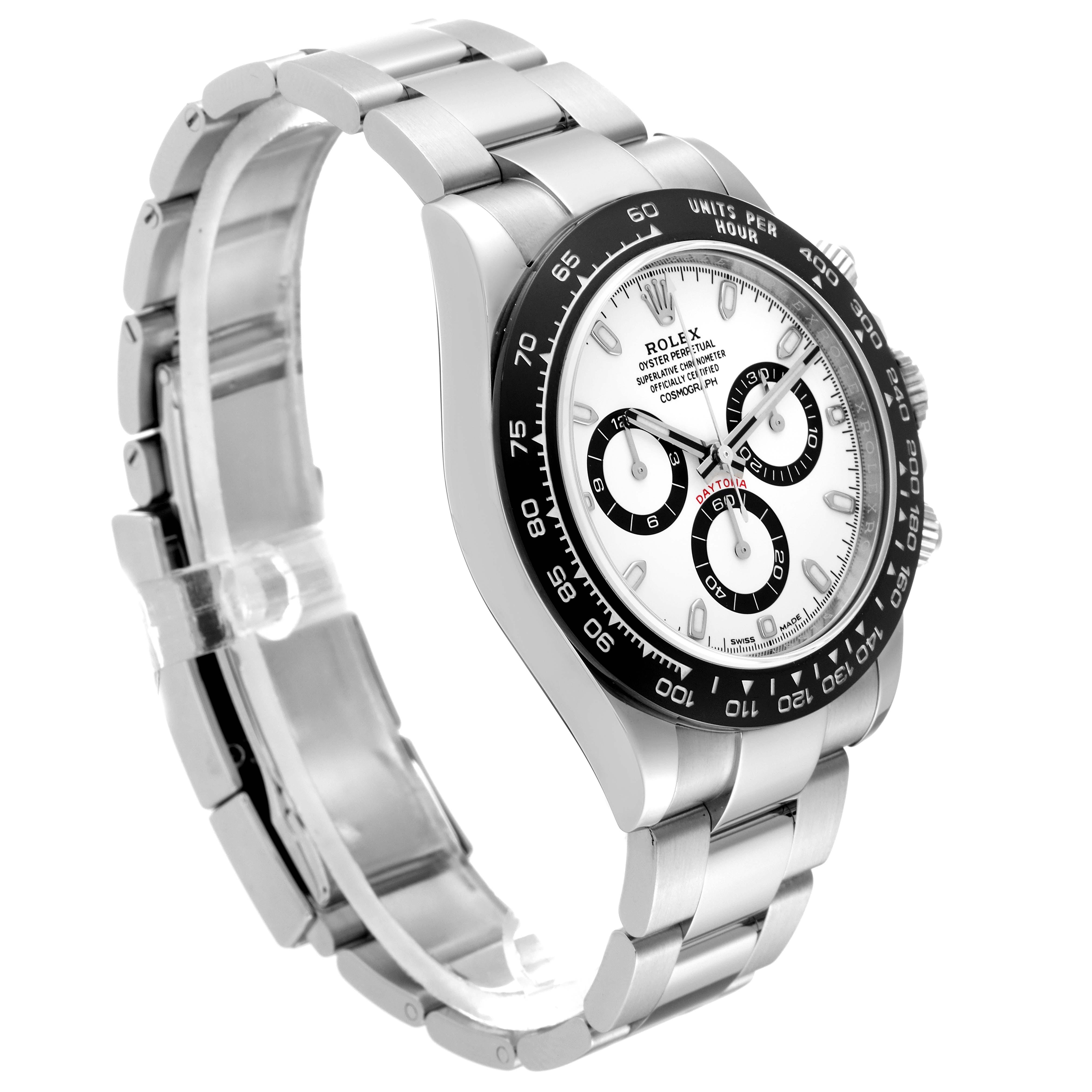 The image shows a side and front angle of the Rolex Daytona 116500 Men's Stainless Steel White Dial 116500 Men's Stainless Steel White Dial watch, highlighting its face, bezel, and bracelet.