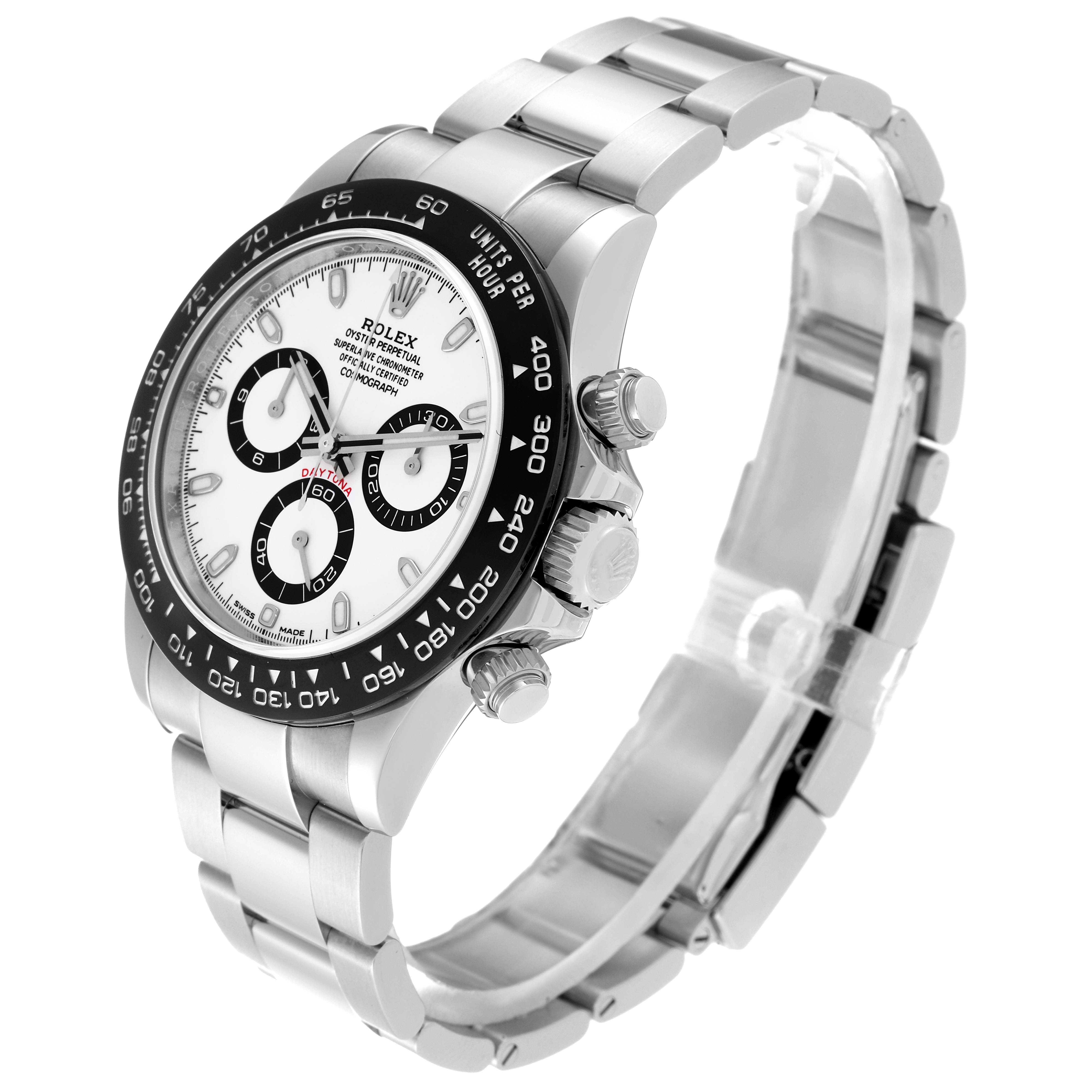 The Rolex Daytona 116500 Men's Stainless Steel White Dial 116500 Men's Stainless Steel White Dial watch is shown at a three-quarter angle, displaying its face, bezel, pushers, and metal bracelet.