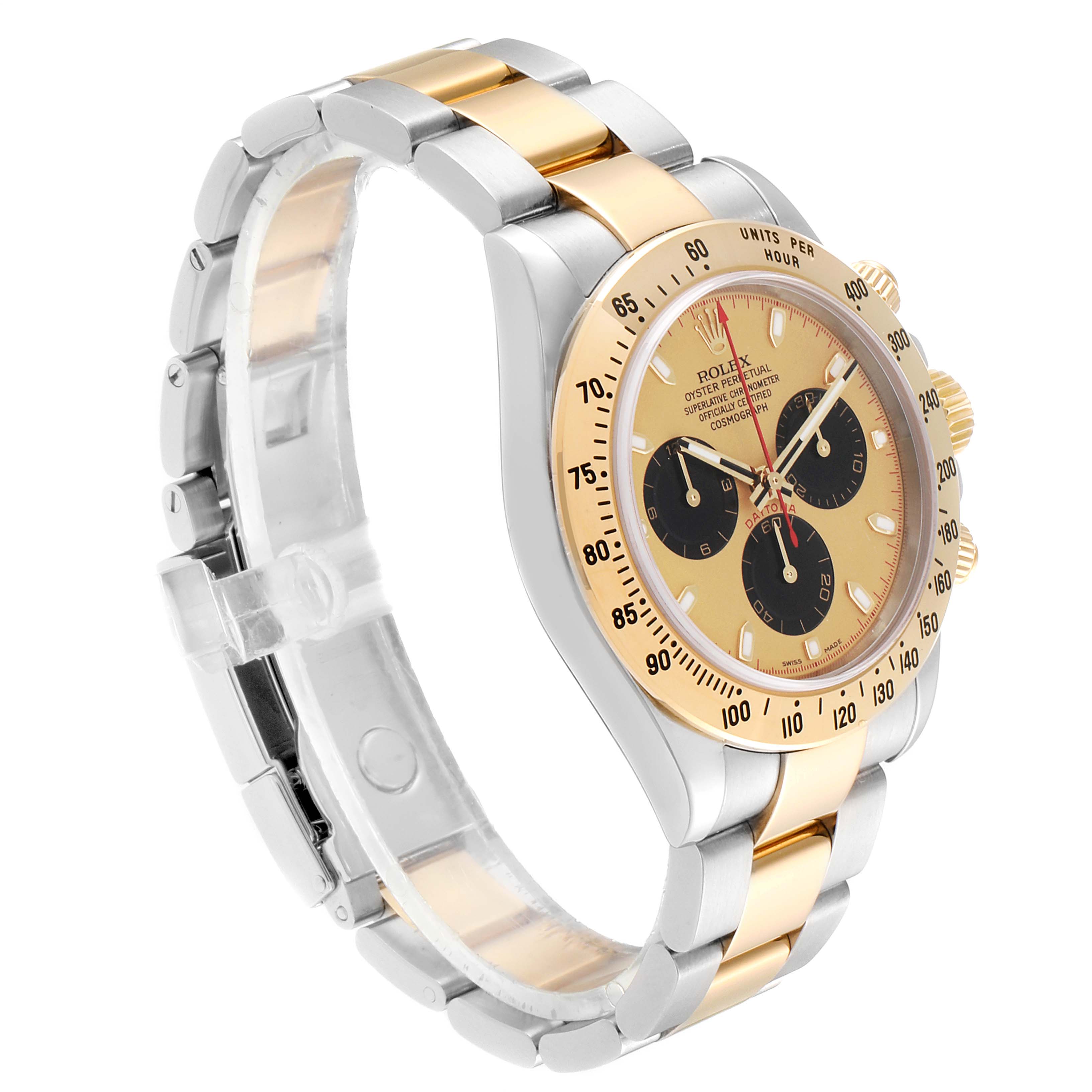 The Rolex Daytona 116523 Men
s Steel and Gold (two tone) Champagne Dial 116523 Men
s Steel and Gold (two tone) Champagne Dial watch is shown at a side angle, displaying its bezel, dial, and two-tone bracelet in gold and silver.