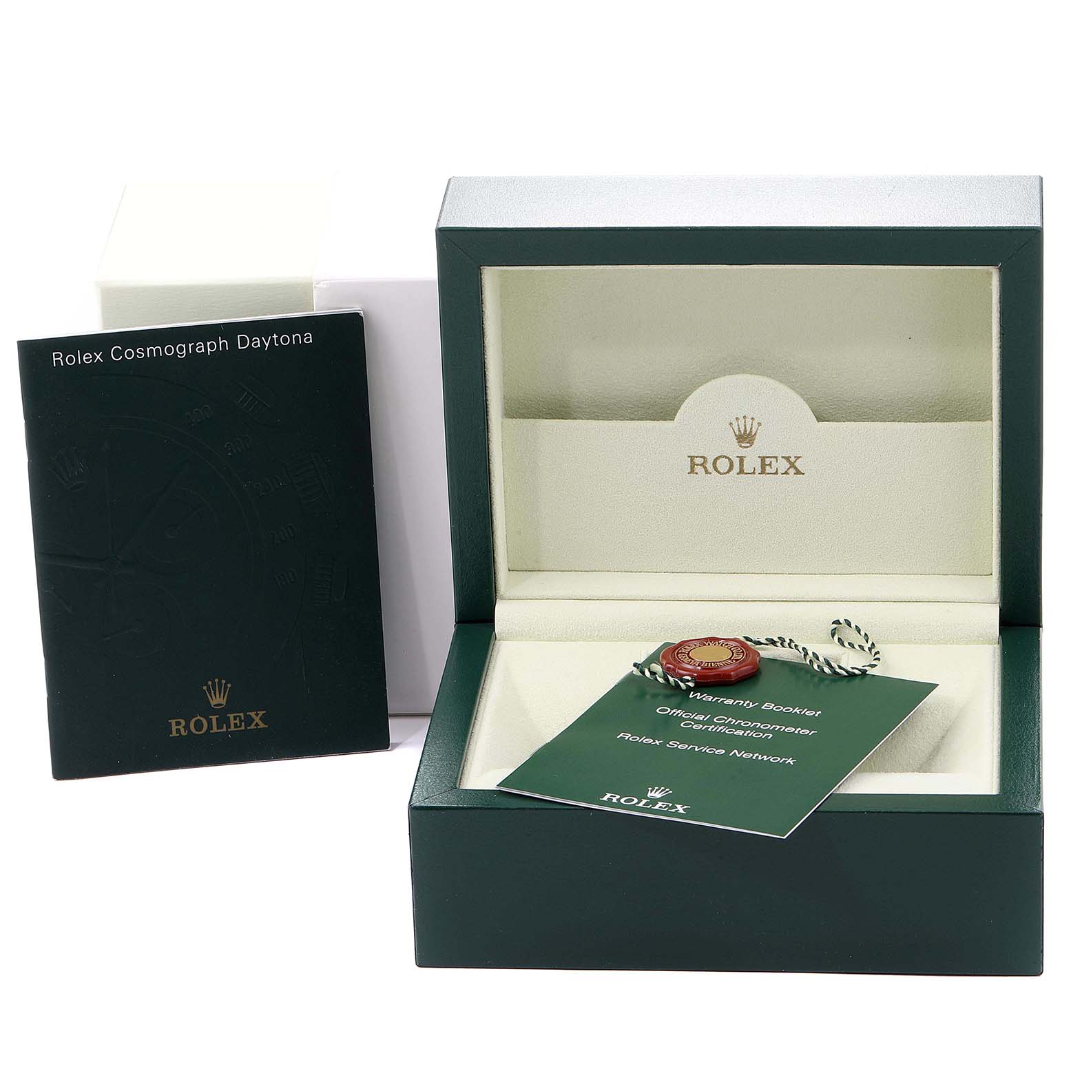 The image shows a Rolex Daytona 116523 Men
s Steel and Gold (two tone) Champagne Dial 116523 Men
s Steel and Gold (two tone) Champagne Dial watch box, warranty booklet, and official chronometer certification card.