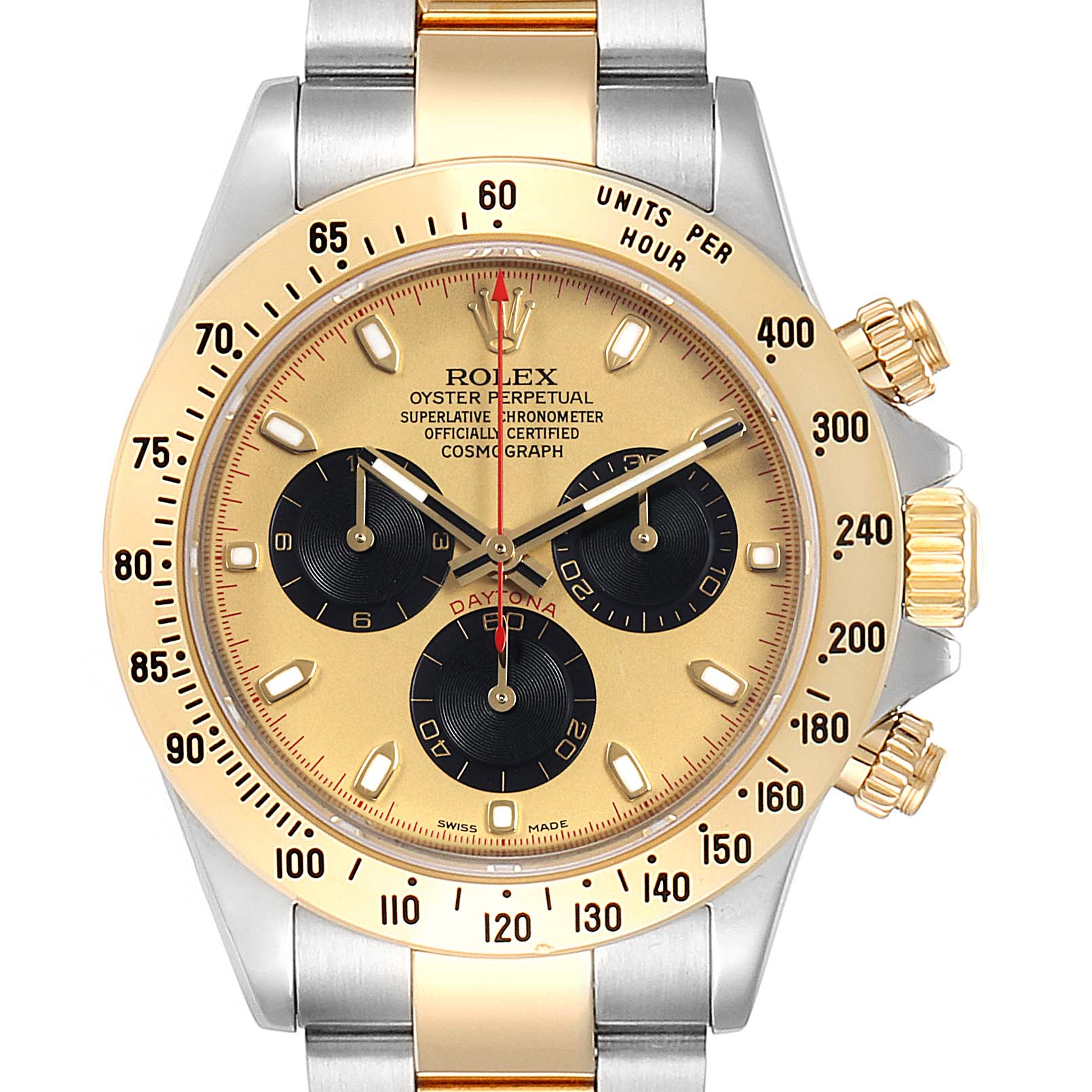 This image shows a front view of a Rolex Daytona 116523 Men
s Steel and Gold (two tone) Champagne Dial 116523 Men
s Steel and Gold (two tone) Champagne Dial watch, highlighting its dial, bezel, and part of the bracelet.