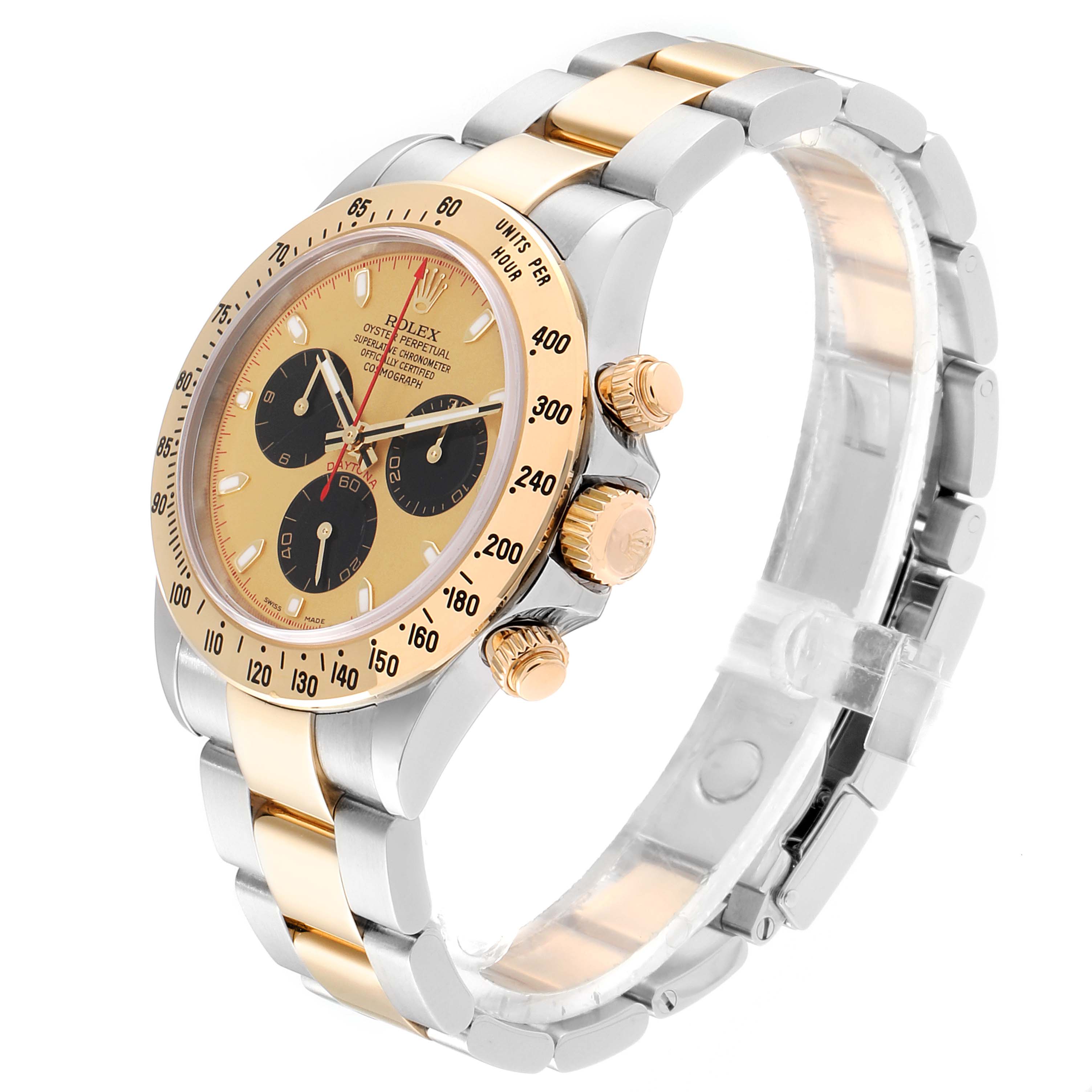 The image shows a side angle of the Rolex Daytona 116523 Men
s Steel and Gold (two tone) Champagne Dial 116523 Men
s Steel and Gold (two tone) Champagne Dial watch, displaying its bezel, dial, chronograph buttons, and band.