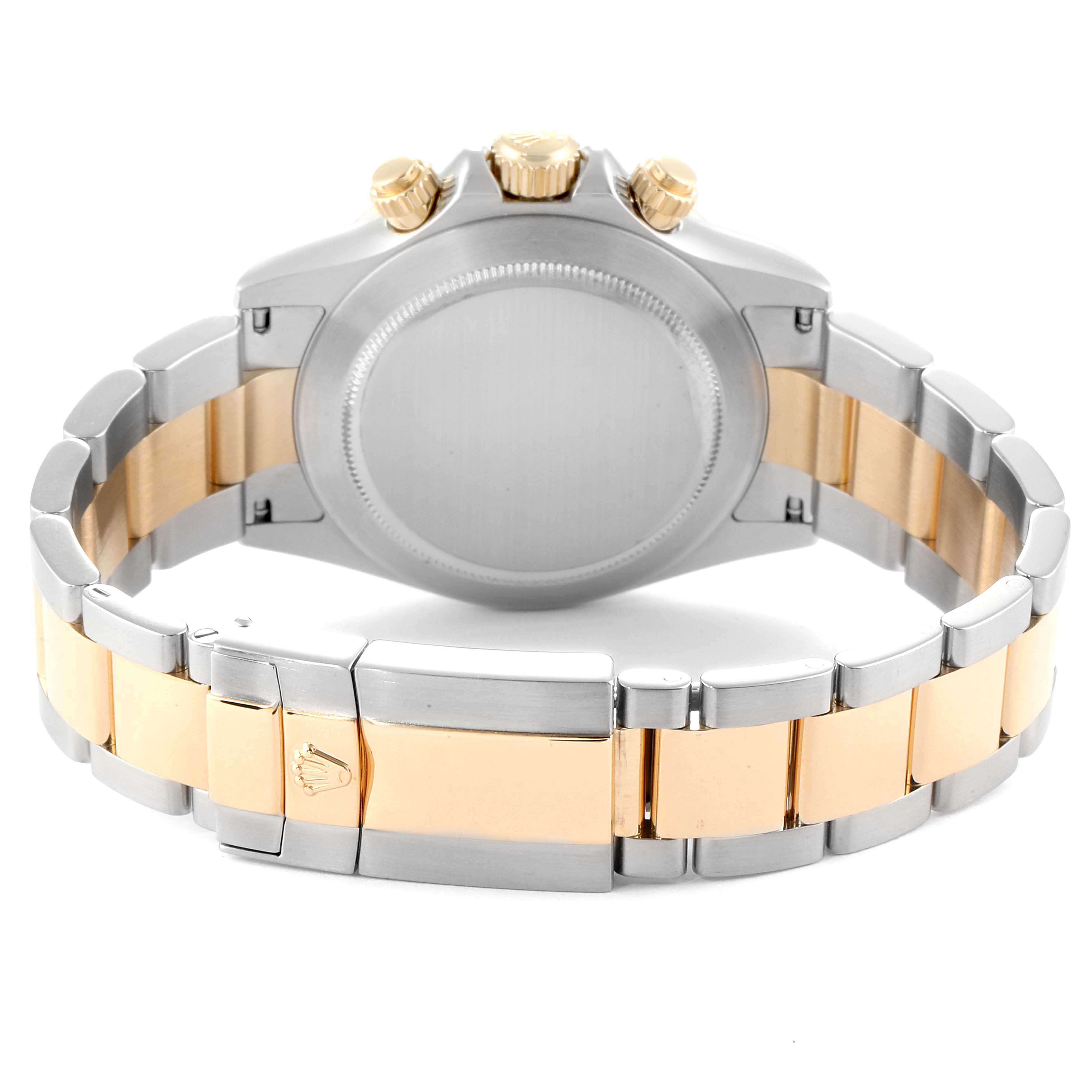 The image shows the back view of the Rolex Daytona 116523 Men's Steel and Gold (two tone) Grey Dial 116523 Men's Steel and Gold (two tone) Grey Dial watch, focusing on the case back and two-tone metal bracelet with a clasp.