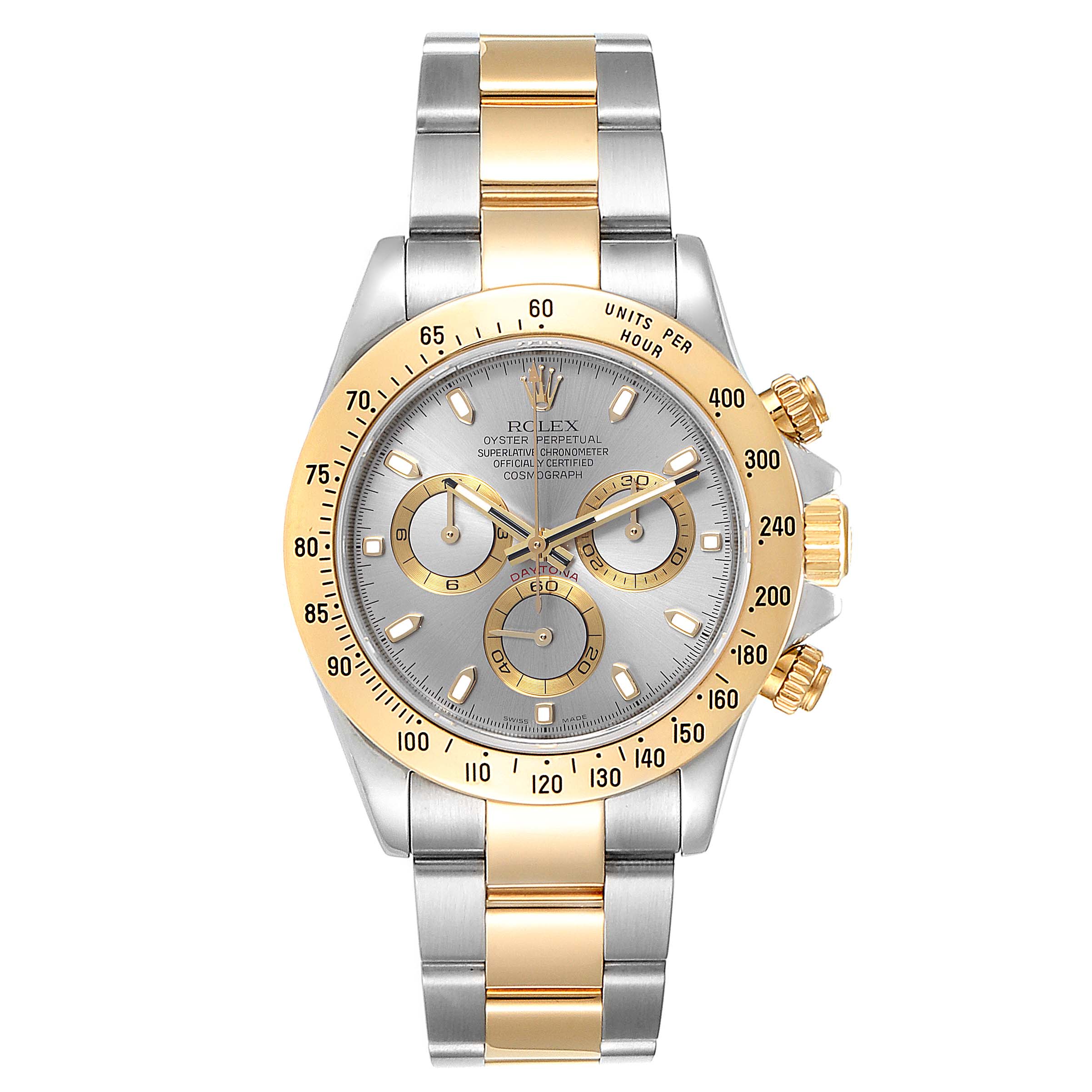 The Rolex Daytona 116523 Men's Steel and Gold (two tone) Grey Dial 116523 Men's Steel and Gold (two tone) Grey Dial watch is shown from the front, displaying its face, bezel, crown, and bracelet.