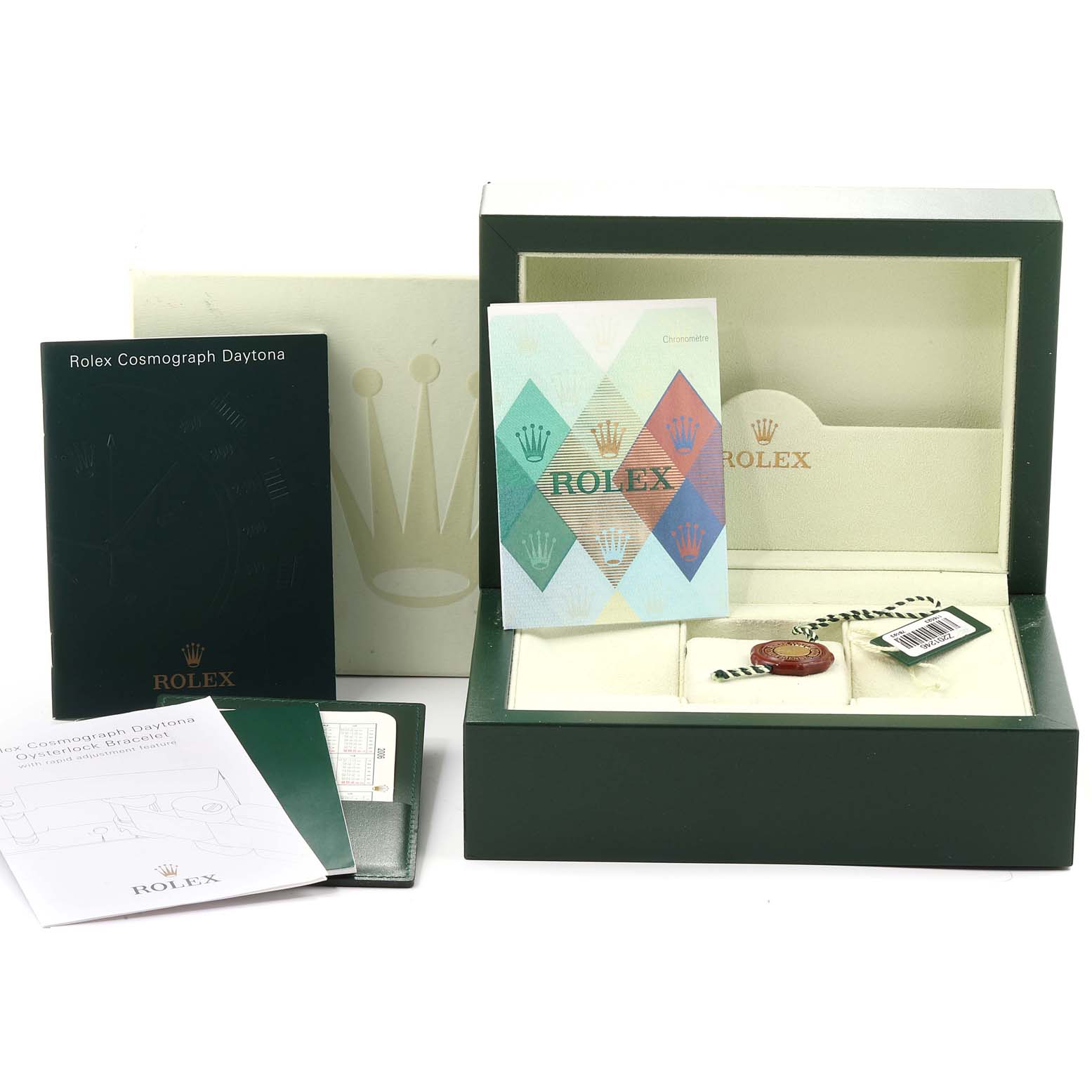 The image shows a Rolex Daytona 116523 Men's Steel and Gold (two tone) Grey Dial 116523 Men's Steel and Gold (two tone) Grey Dial watch box, booklets, tags, and authentication card from a front-facing angle.