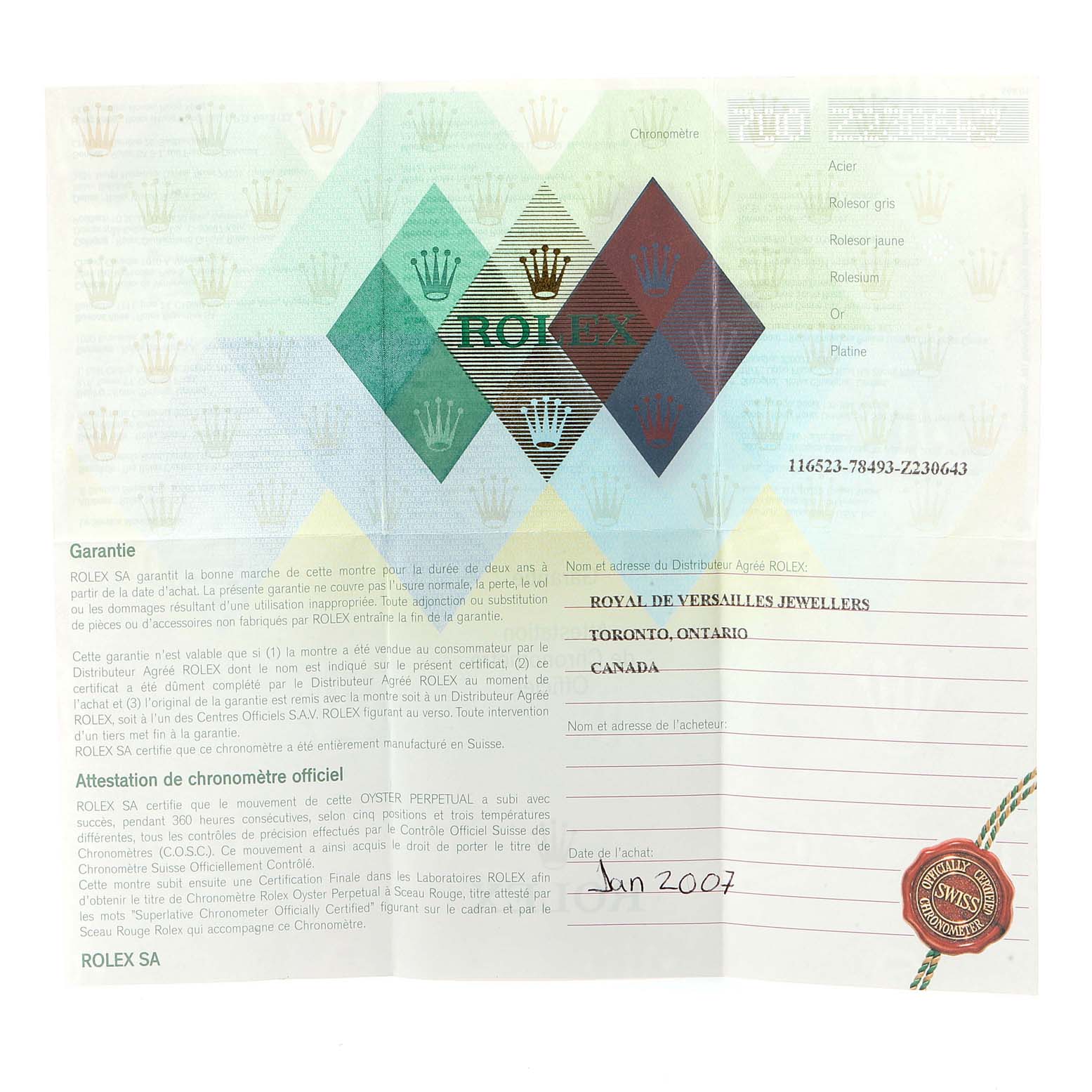 This image shows a Rolex guarantee and chronometer certificate for a Rolex Daytona 116523 Men's Steel and Gold (two tone) Grey Dial 116523 Men's Steel and Gold (two tone) Grey Dial watch, with distributor details and purchase date.