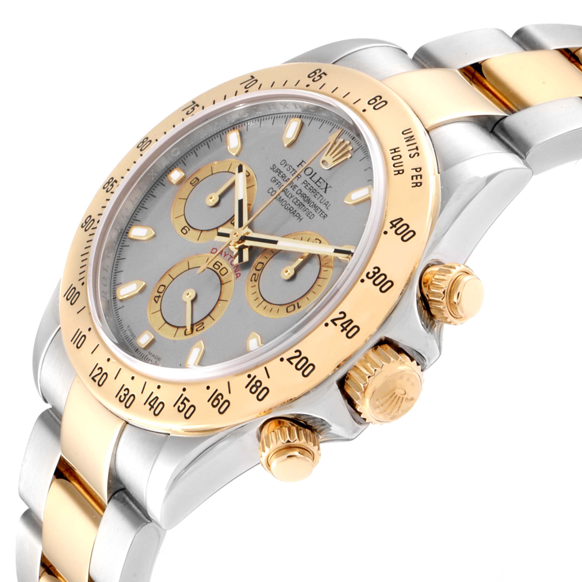 The Rolex Daytona 116523 Men's Steel and Gold (two tone) Grey Dial 116523 Men's Steel and Gold (two tone) Grey Dial watch is shown at an angle highlighting its face, bezel, and side buttons.
