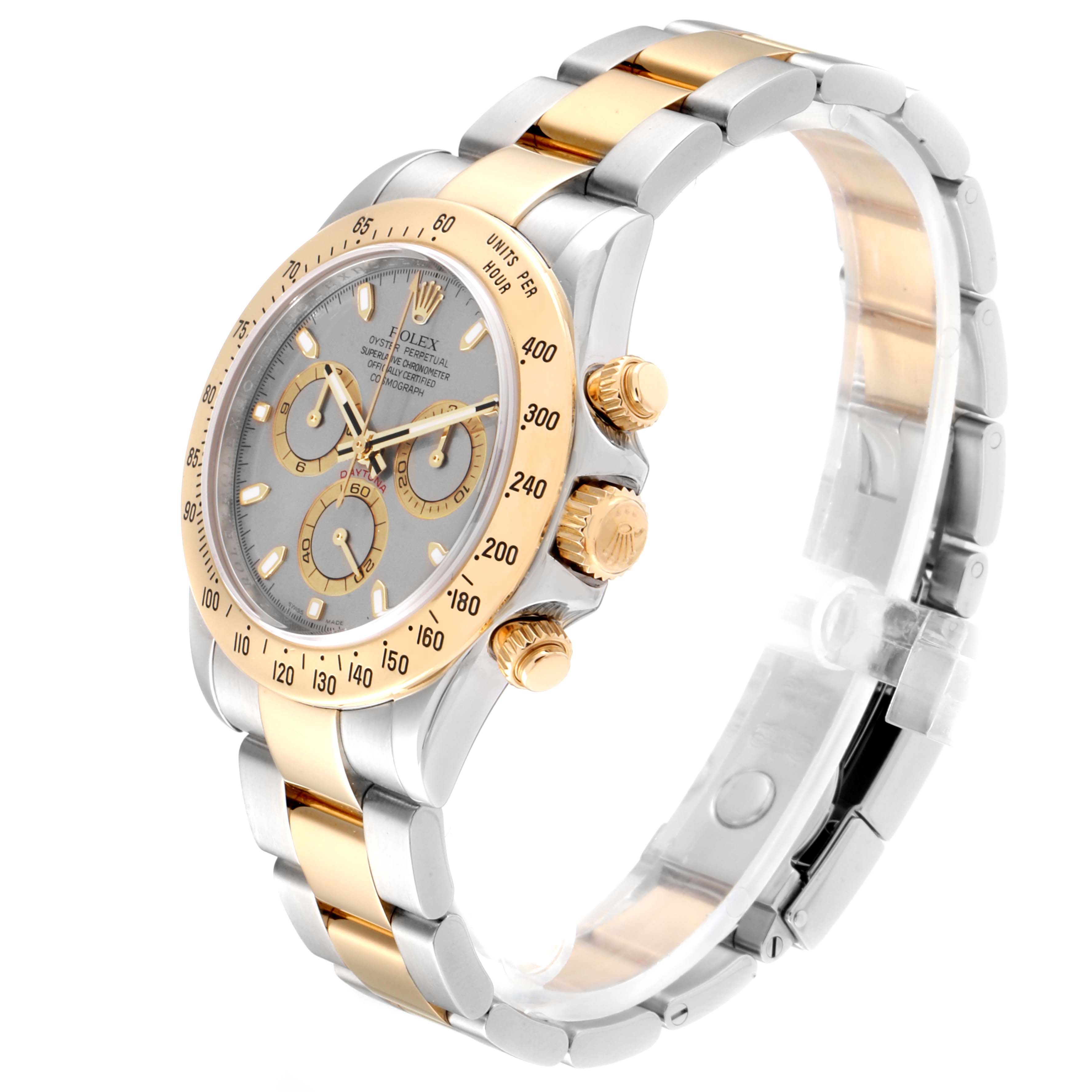 The Rolex Daytona 116523 Men's Steel and Gold (two tone) Grey Dial 116523 Men's Steel and Gold (two tone) Grey Dial watch is shown at a three-quarter angle, displaying the face, bezel, buttons, and bracelet.