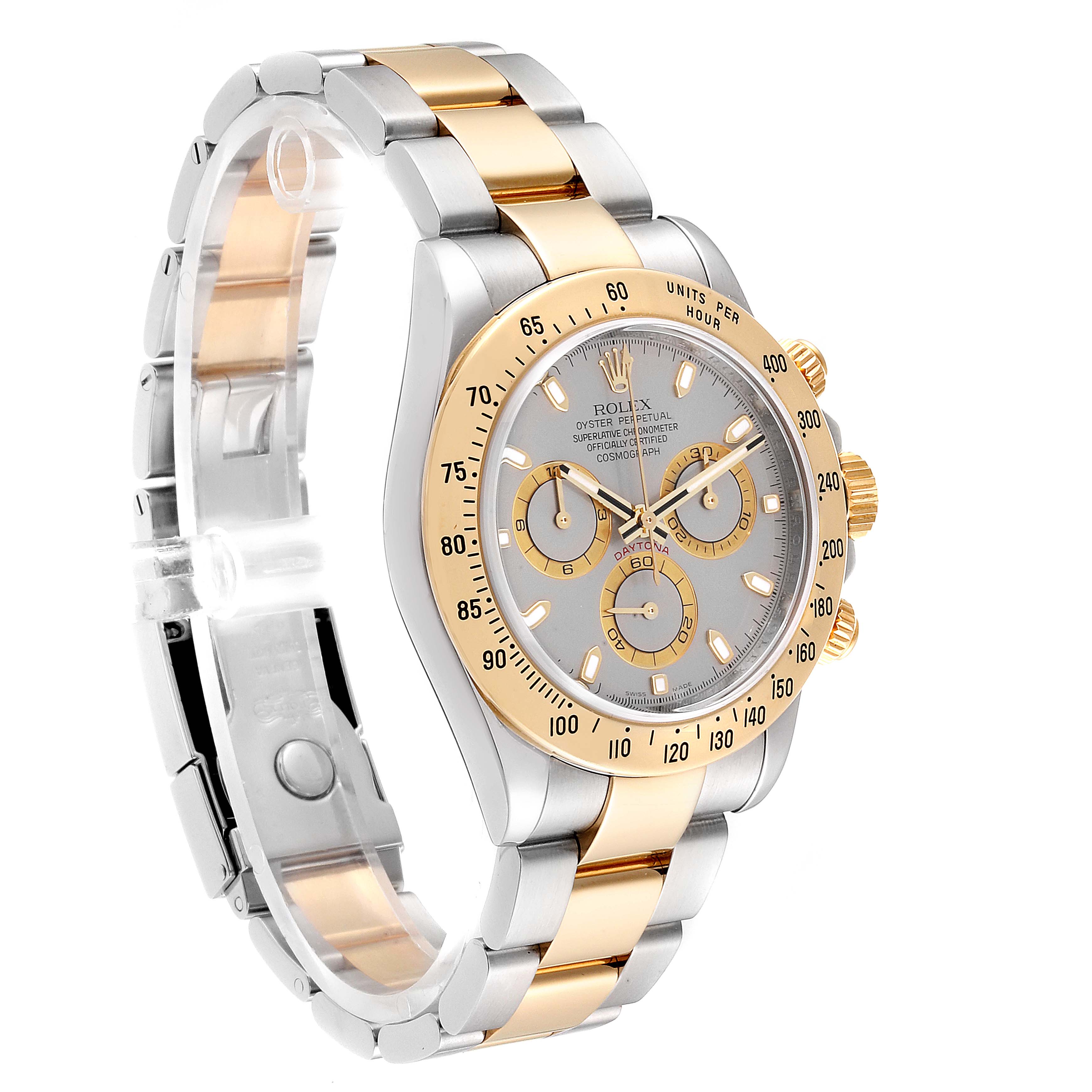 This image shows a Rolex Daytona 116523 Men's Steel and Gold (two tone) Grey Dial 116523 Men's Steel and Gold (two tone) Grey Dial watch in a side angle view, emphasizing its two-tone bracelet and chronograph dial.