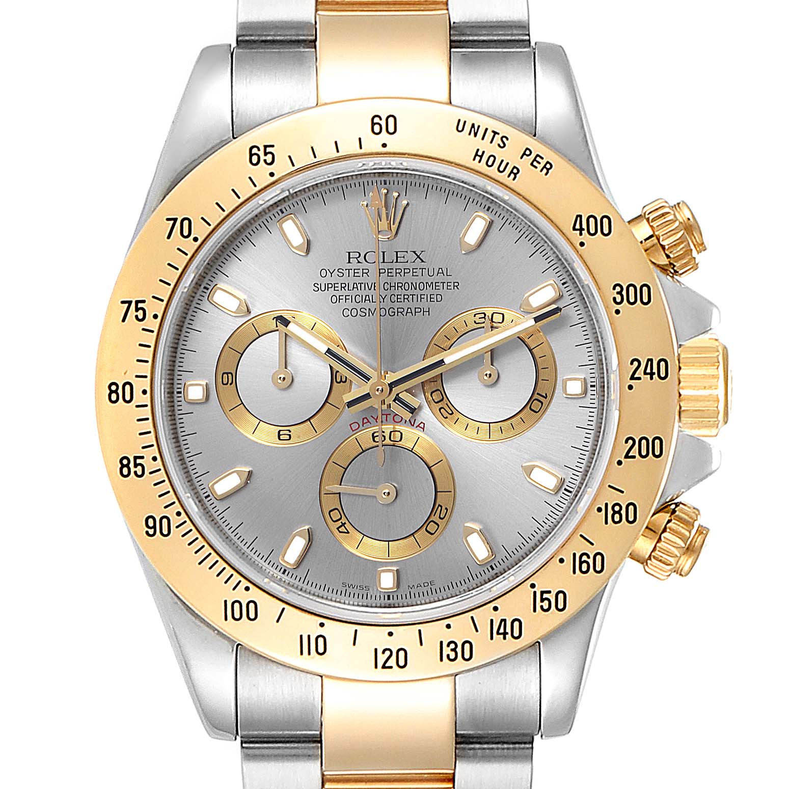 Front view of the Rolex Daytona 116523 Men's Steel and Gold (two tone) Grey Dial 116523 Men's Steel and Gold (two tone) Grey Dial watch showing the face, bezel, crown, and pushers.