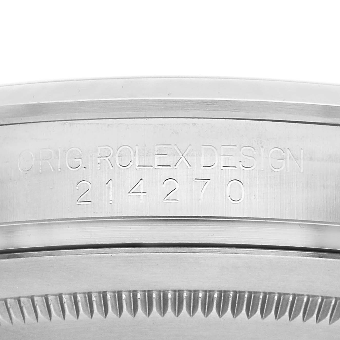 The image shows a close-up of the side engraving on a Rolex Explorer 214270 Men's Stainless Steel Black Dial 214270 Men's Stainless Steel Black Dial watch, displaying the model number 214270.