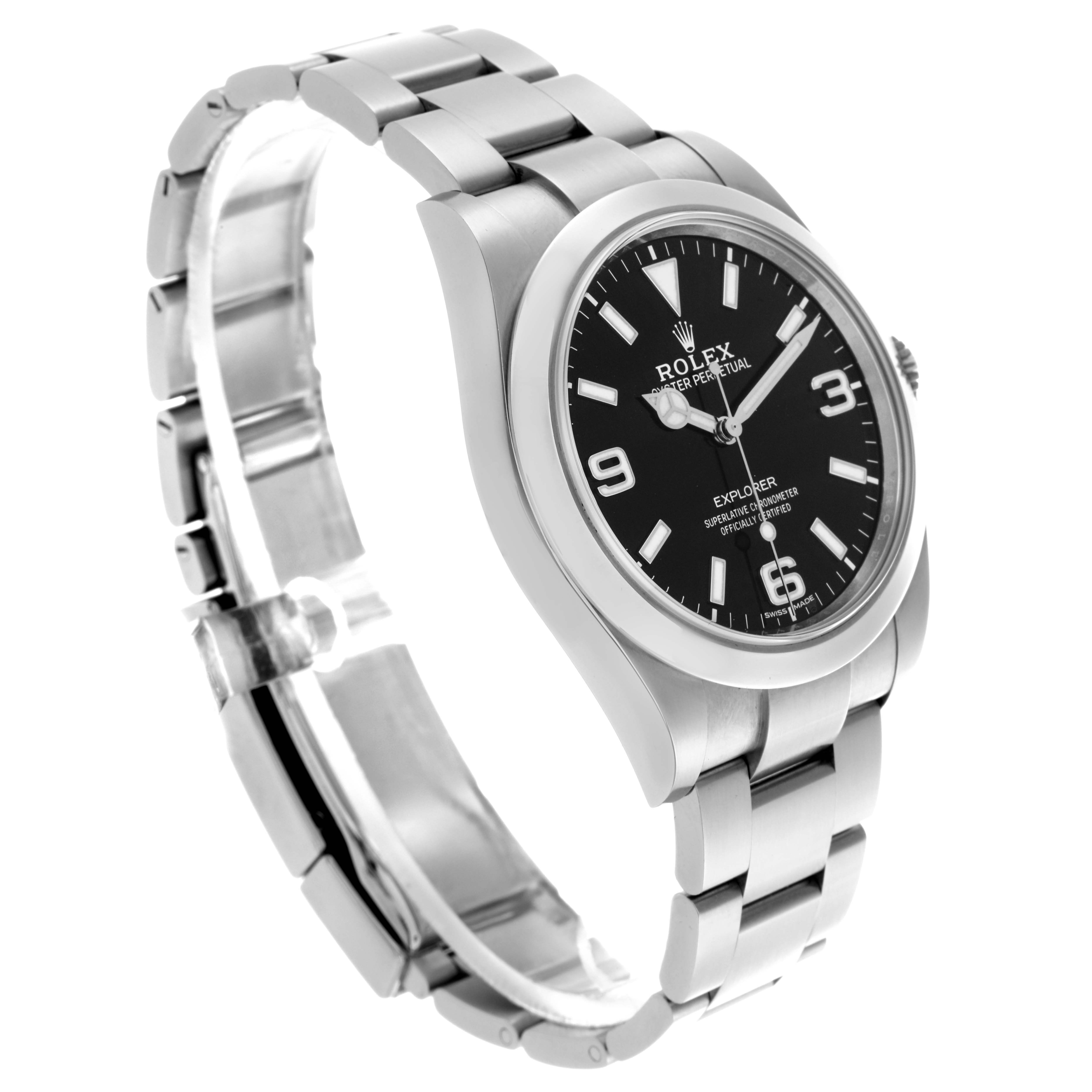 The Rolex Explorer 214270 Men's Stainless Steel Black Dial 214270 Men's Stainless Steel Black Dial is shown at an angled side view, highlighting the black dial, bezel, and stainless steel bracelet.