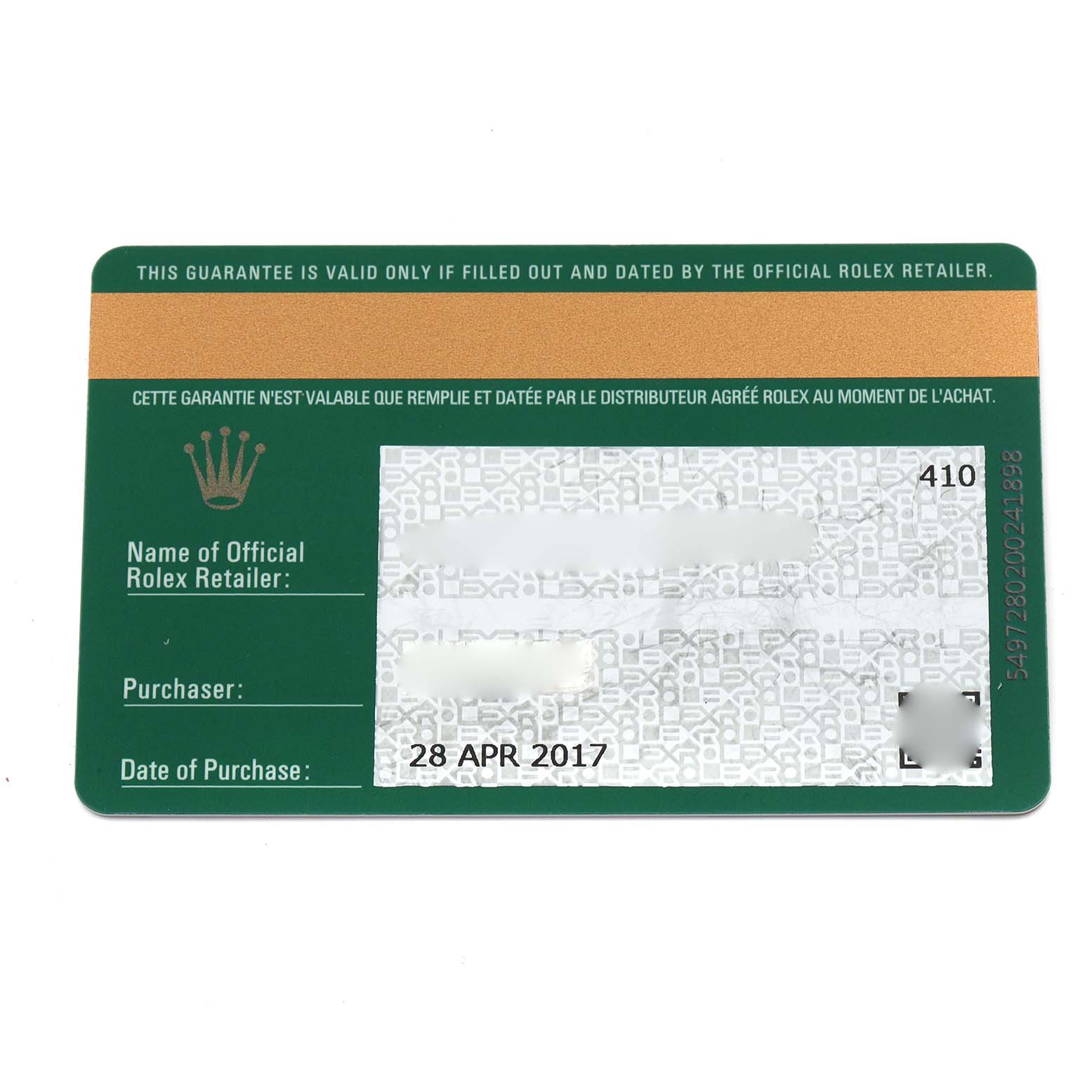 The image shows a Rolex Explorer 214270 Men's Stainless Steel Black Dial 214270 Men's Stainless Steel Black Dial warranty card with brand and purchase details visible.