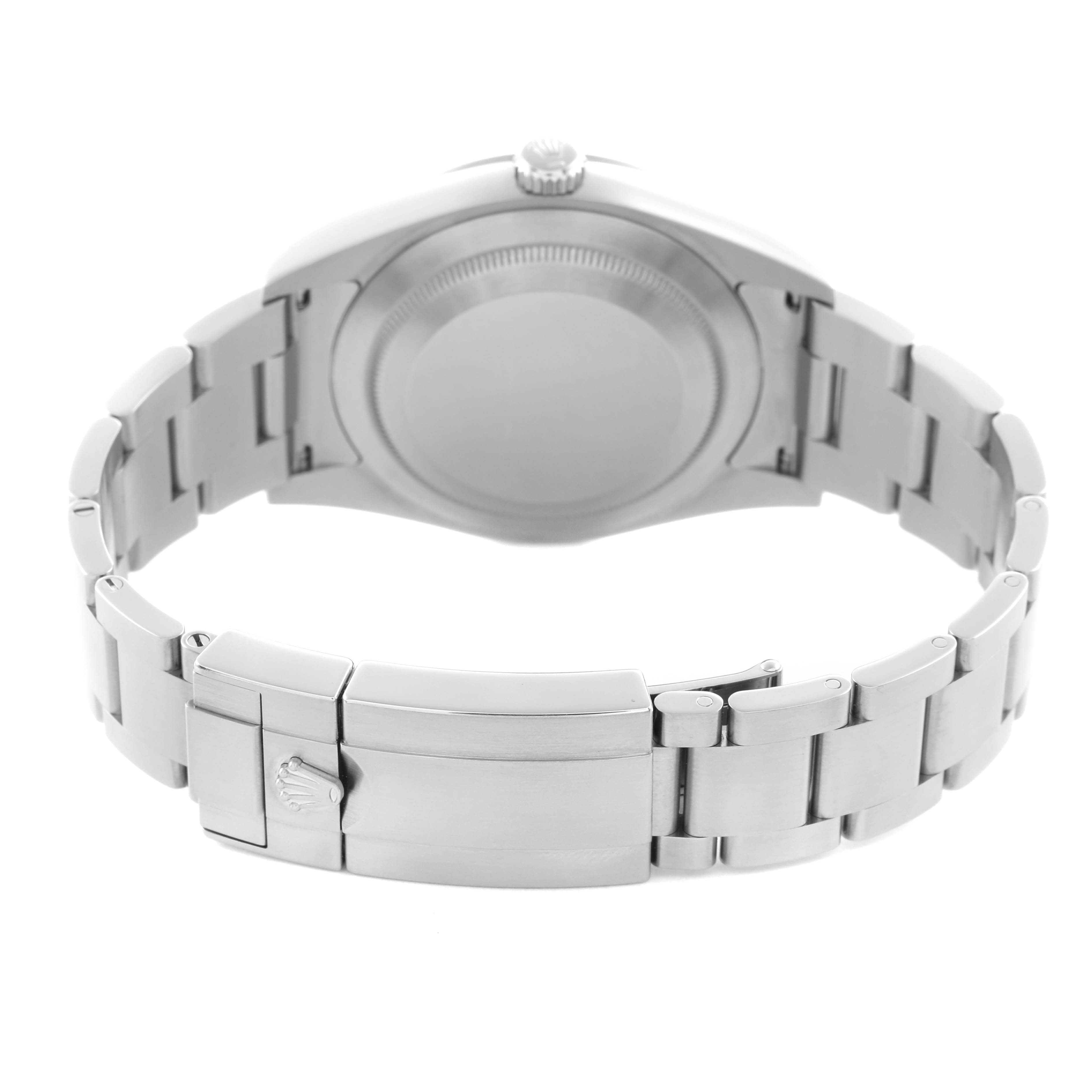 The image shows the back view of a Rolex Explorer 214270 Men's Stainless Steel Black Dial 214270 Men's Stainless Steel Black Dial watch, highlighting the case back and bracelet with clasp.