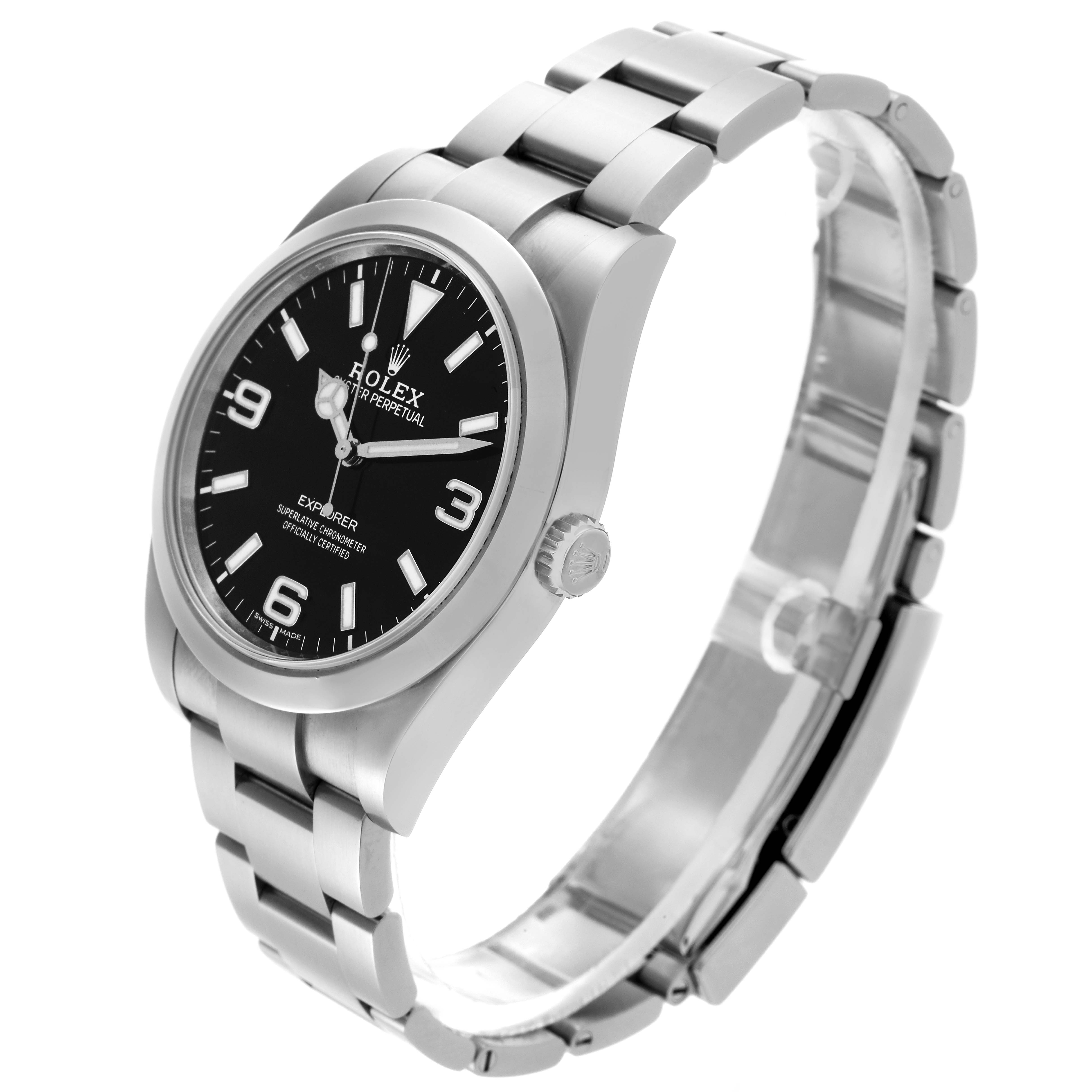 The Rolex Explorer 214270 Men's Stainless Steel Black Dial 214270 Men's Stainless Steel Black Dial watch is shown at a tilted side angle, displaying its face, bezel, crown, and bracelet.