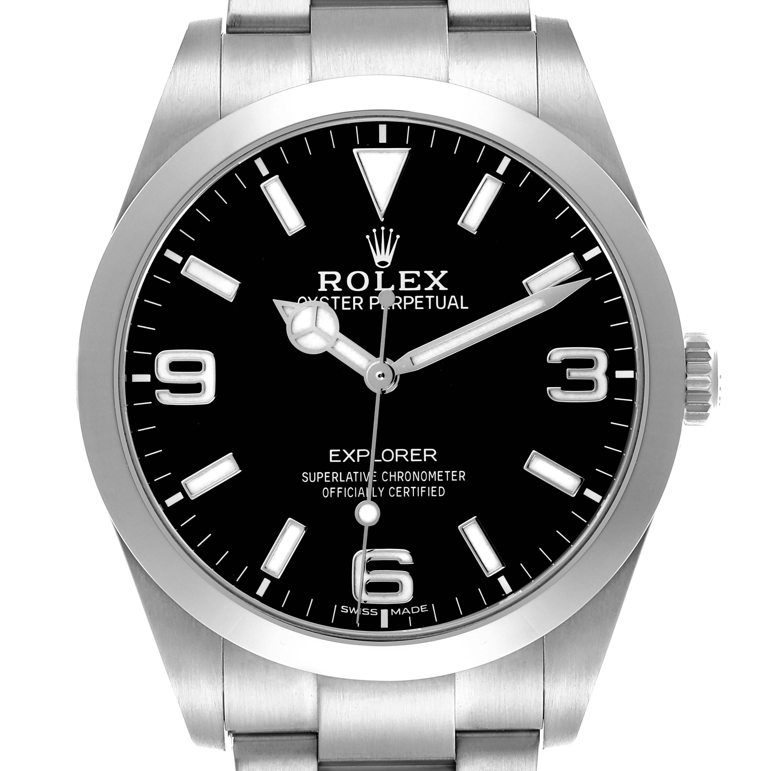 The Rolex Explorer 214270 Men's Stainless Steel Black Dial 214270 Men's Stainless Steel Black Dial watch is shown from a front angle displaying the dial, hands, crown, and part of the bracelet.