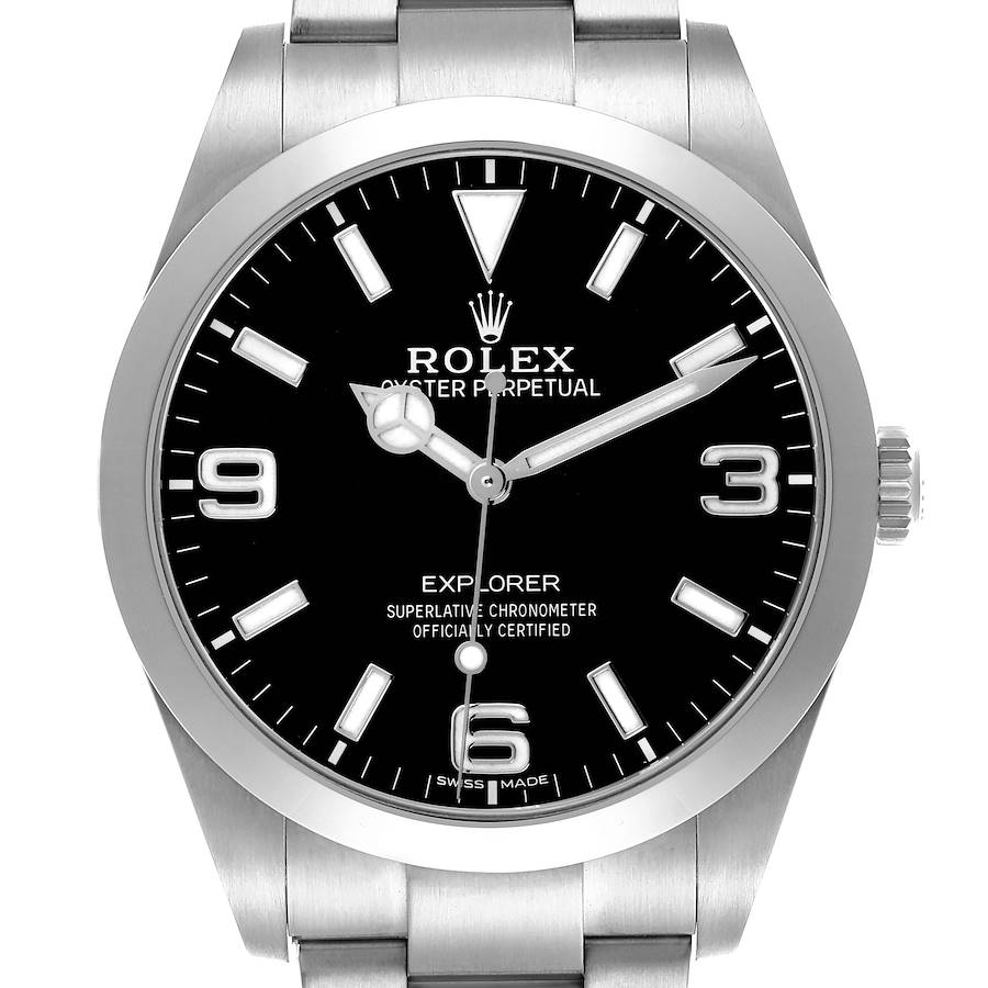 The Rolex Explorer watch is shown from a front angle displaying the dial, hands, crown, and part of the bracelet.