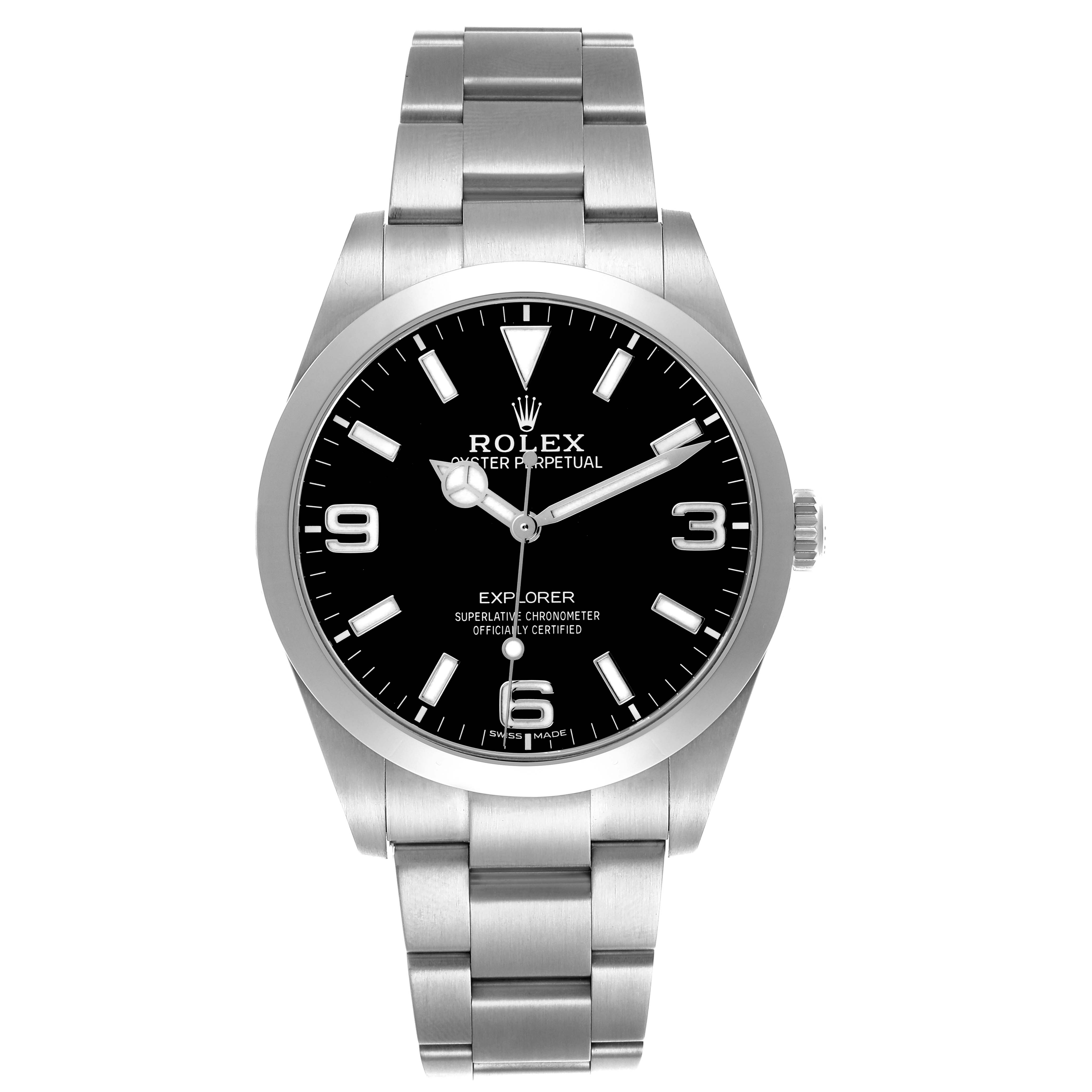 The Rolex Explorer 214270 Men's Stainless Steel Black Dial 214270 Men's Stainless Steel Black Dial watch is shown from a front angle, displaying the dial, bezel, and bracelet.