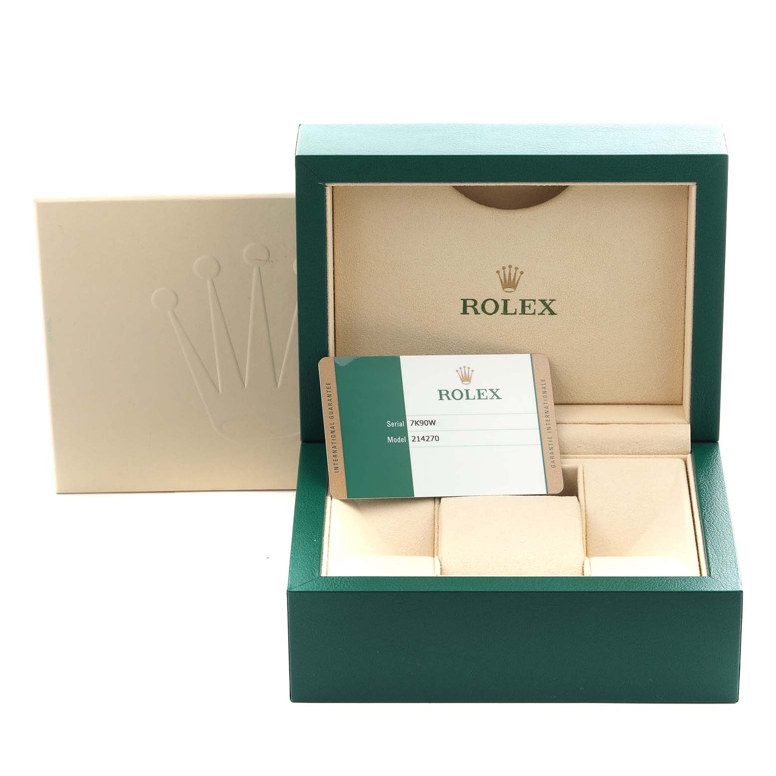 The image shows the packaging and certificate for a Rolex Explorer 214270 Men's Stainless Steel Black Dial 214270 Men's Stainless Steel Black Dial watch.