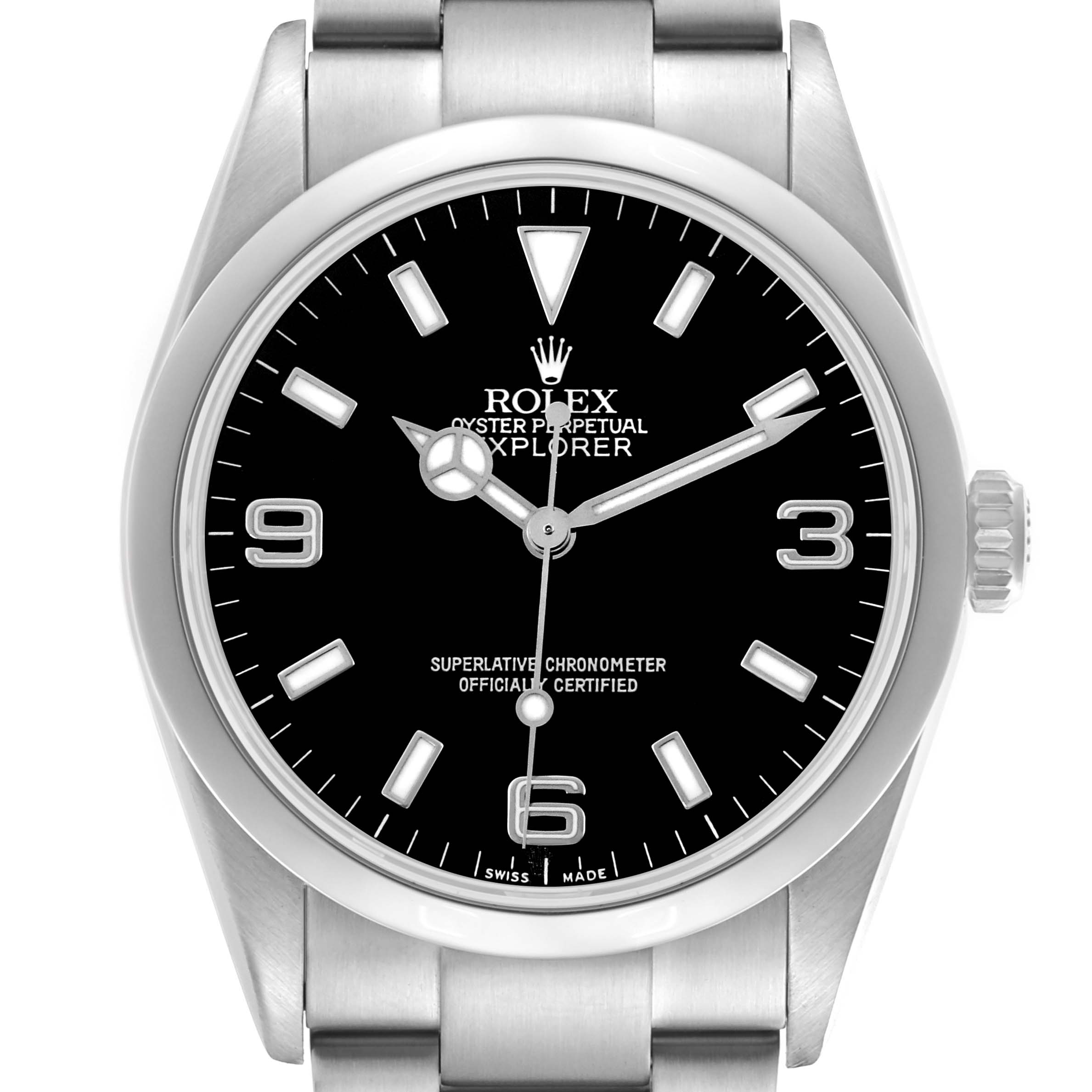 The image shows a frontal view of the Rolex Explorer 114270 Men's Stainless Steel Black Dial 114270 Men's Stainless Steel Black Dial watch, displaying its face, bezel, and part of the bracelet.